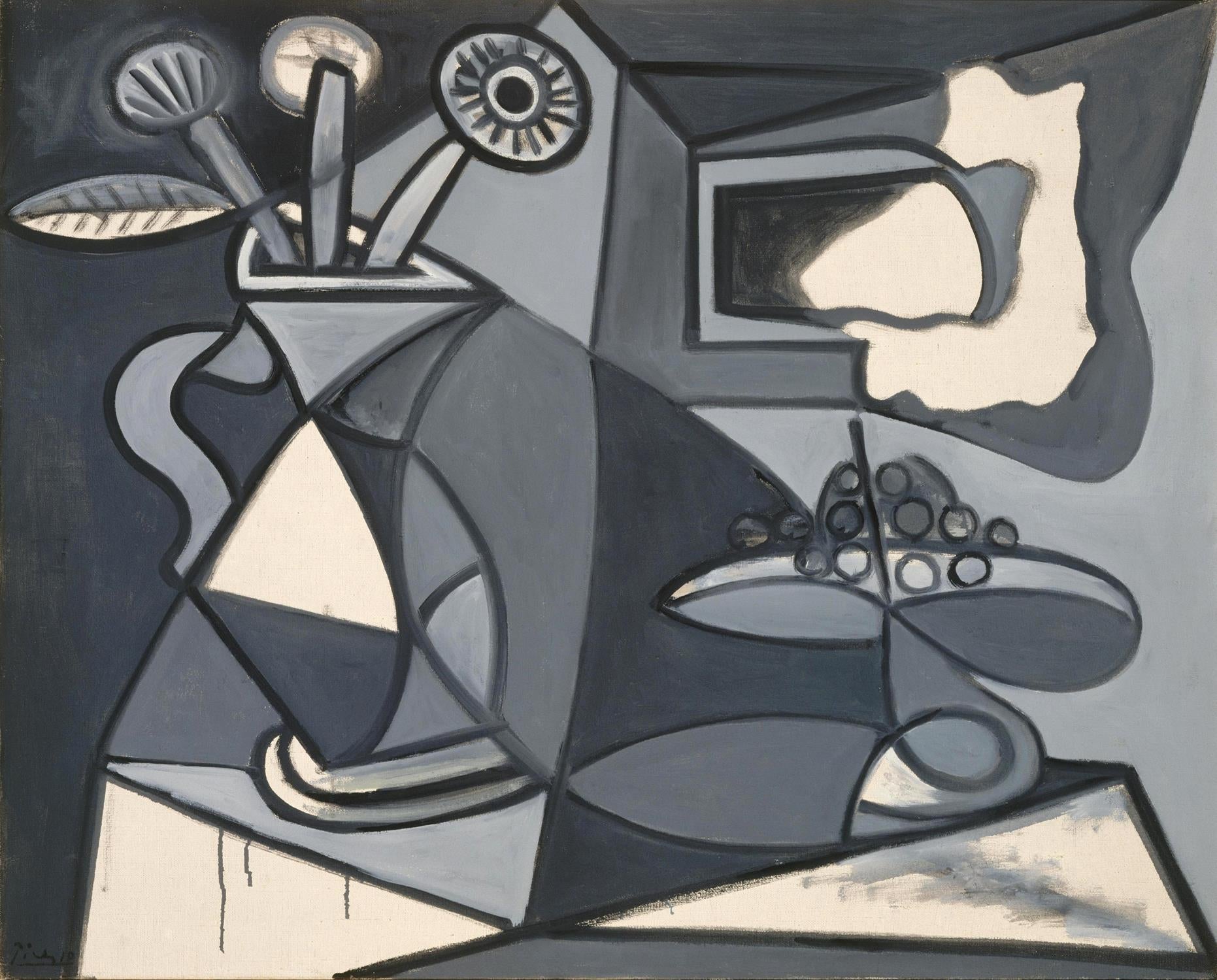 A cubist still life painting featuring a vase with brushes, grapes on a plate, and abstract geometric forms in muted gray, black, white, and blue-gray tones.