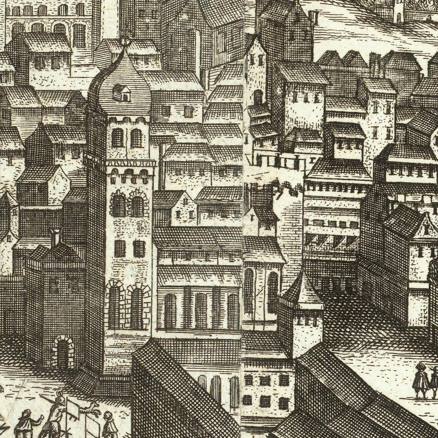 A vintage black-and-white engraved cityscape illustration showing dense medieval-style buildings, towers, streets, and small figures near the bottom.