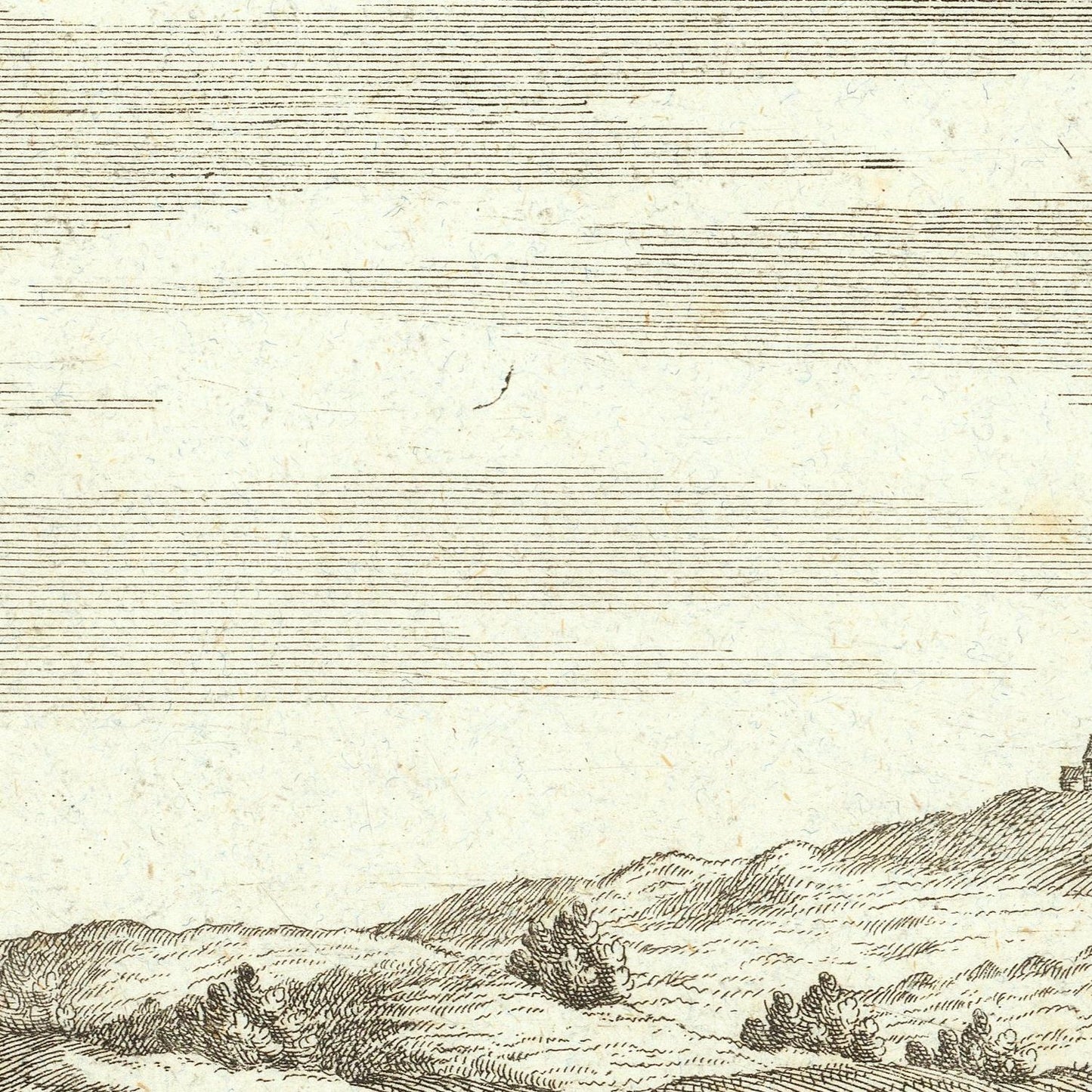 Vintage-style landscape engraving print showing a wide sky with fine horizontal lines above a detailed hillside scene with small figures and trees, rendered in dark brown/black ink on aged off-white paper.