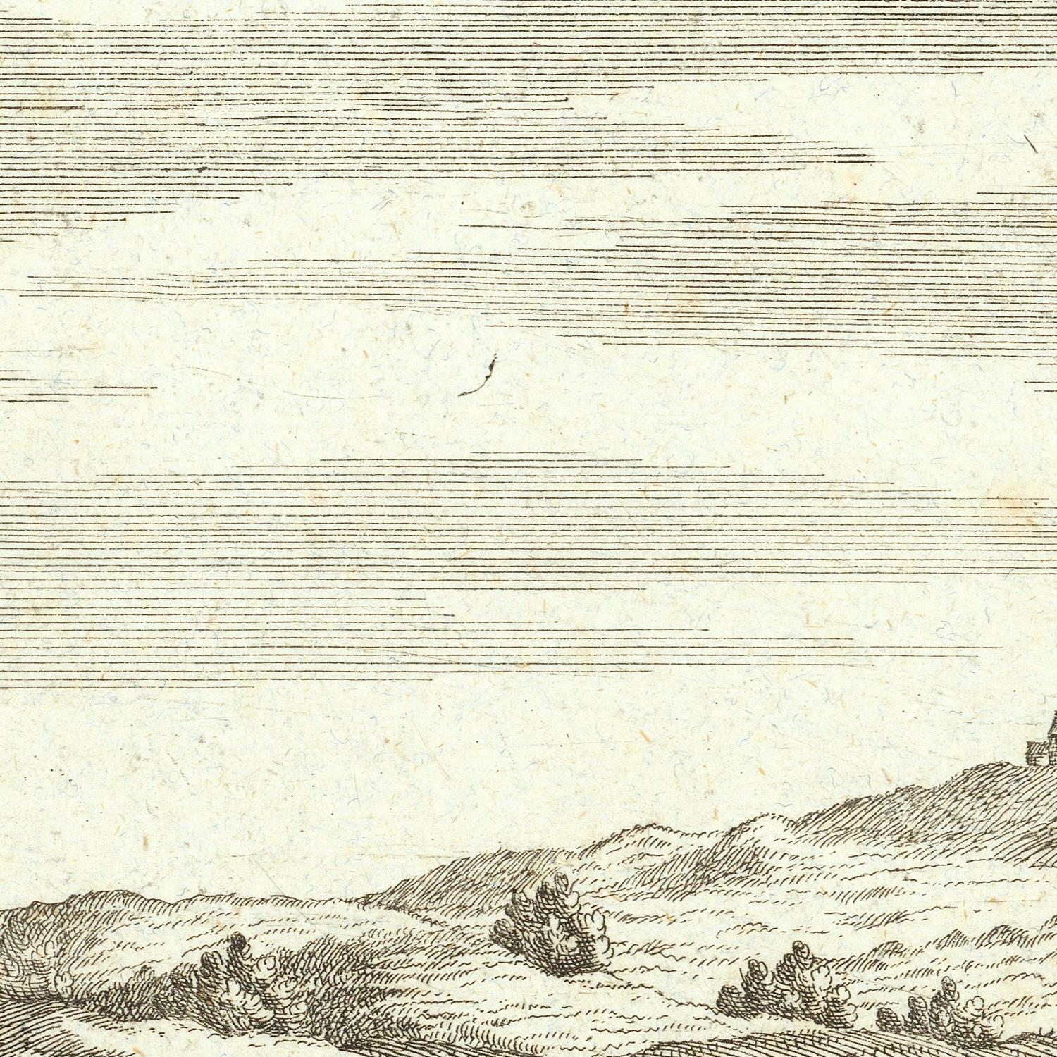Vintage-style landscape engraving print showing a wide sky with fine horizontal lines above a detailed hillside scene with small figures and trees, rendered in dark brown/black ink on aged off-white paper.