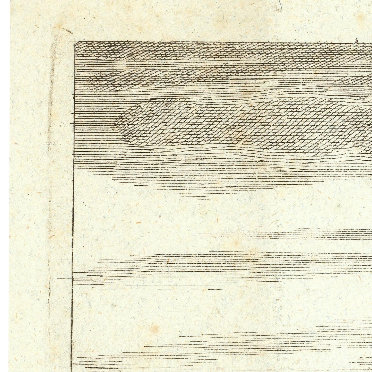 A close-up detail of an antique print or manuscript showing fine horizontal engraved lines forming a landscape or textured scene on aged beige paper.