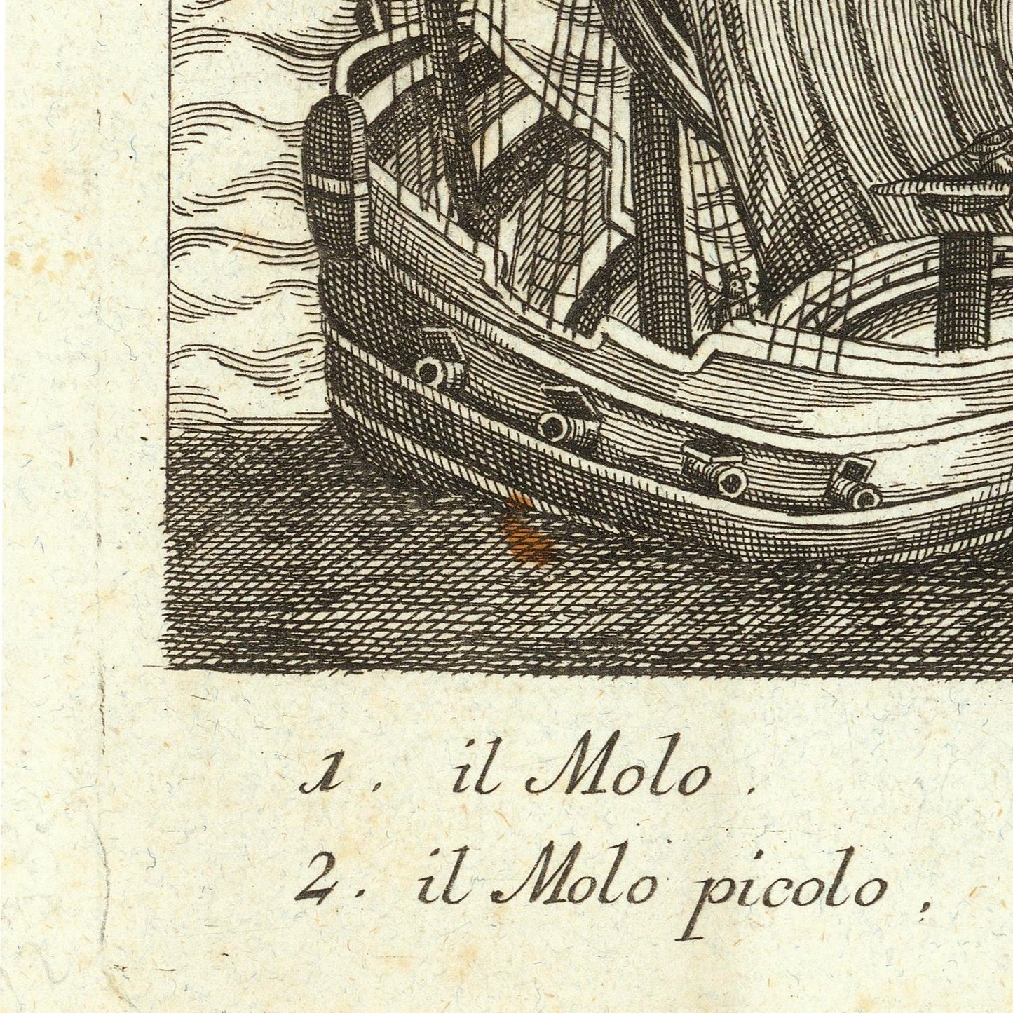 Close-up of an antique-style black ink illustration of a ship's hull and rigging on aged cream paper, with handwritten Italian text below reading '1. il Molo' and '2.