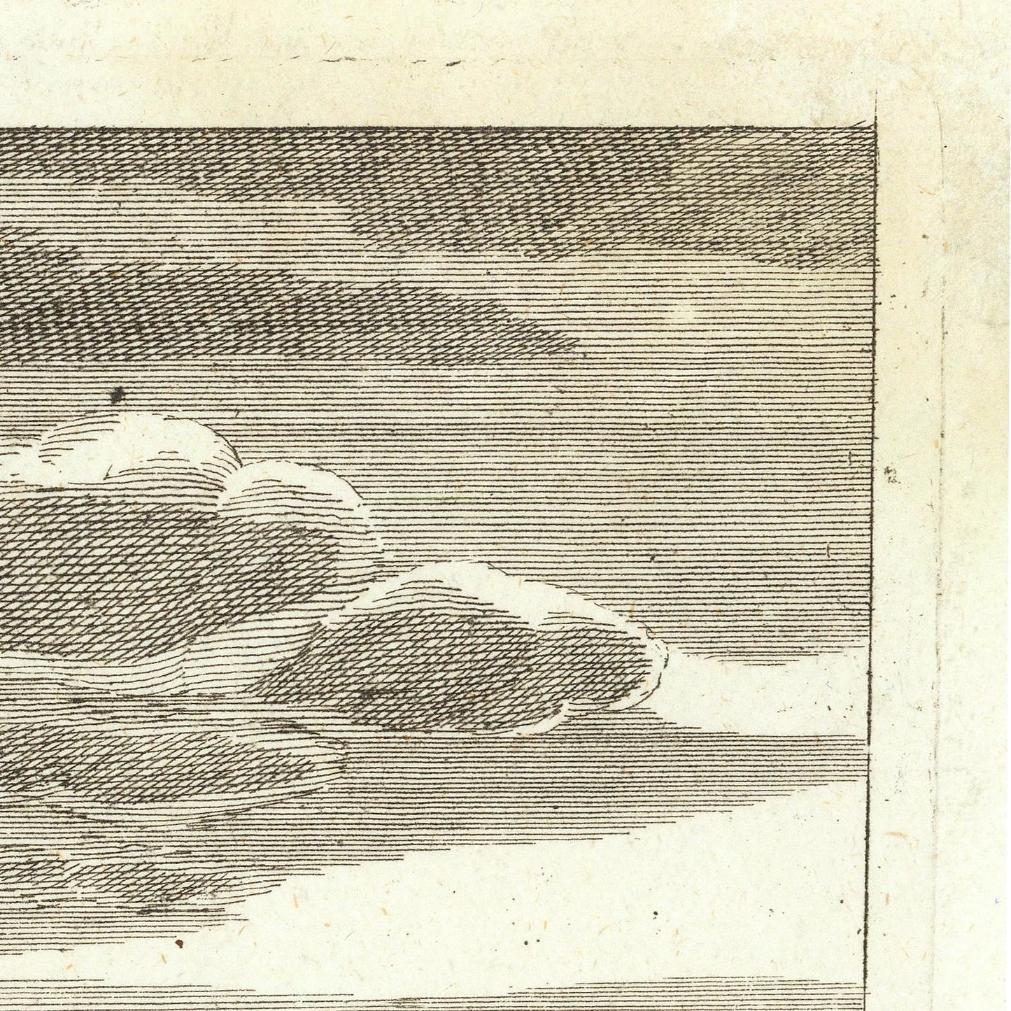 A close-up of a monochrome engraved artwork showing layered clouds or mist over water, rendered with fine horizontal and diagonal hatching on aged paper.