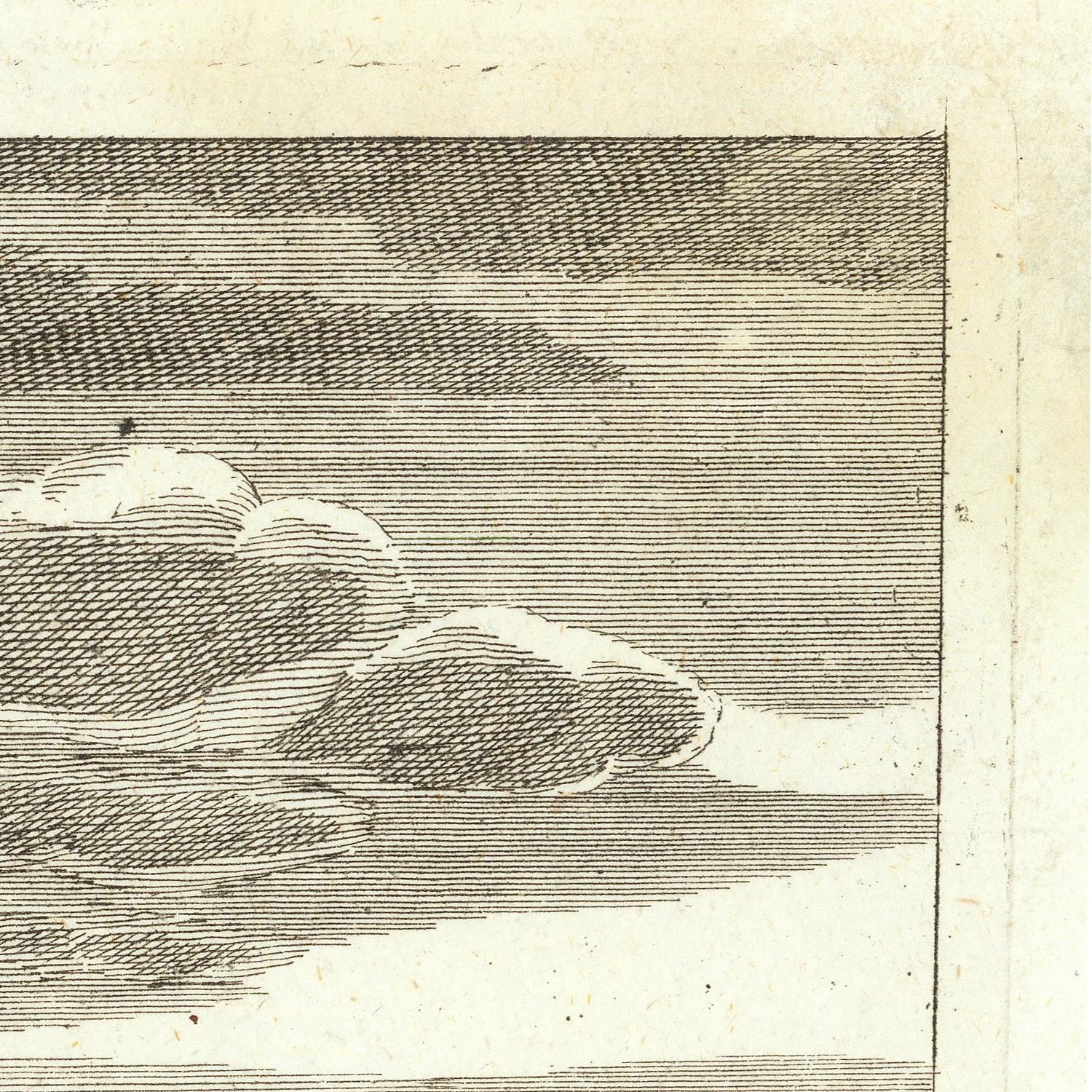 A close-up of a monochrome engraved artwork showing layered clouds or mist over water, rendered with fine horizontal and diagonal hatching on aged paper.