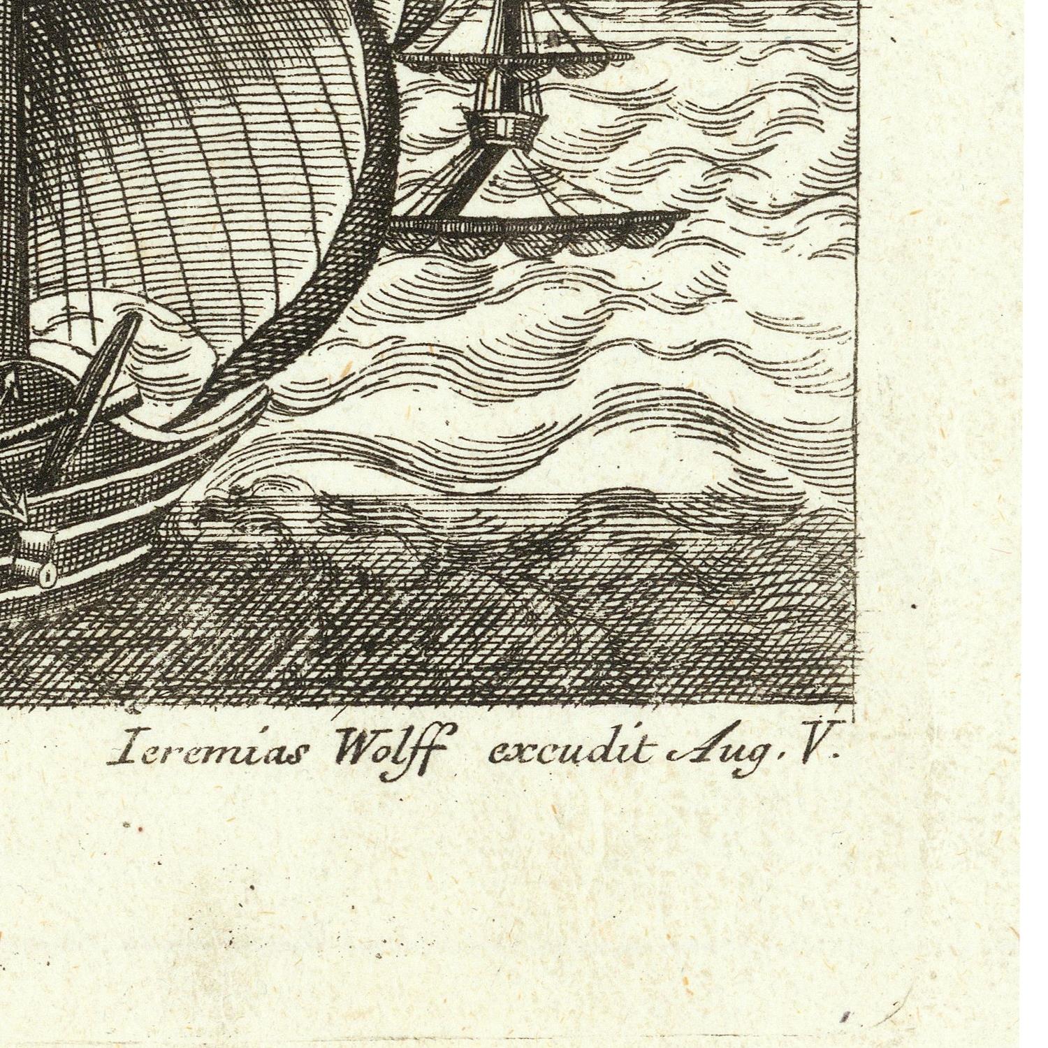 A close-up of a vintage black ink nautical print on aged cream paper, showing part of a sailing ship with wavy sea lines and the handwritten text 'Ieremias Wolff excudit Aug. V.