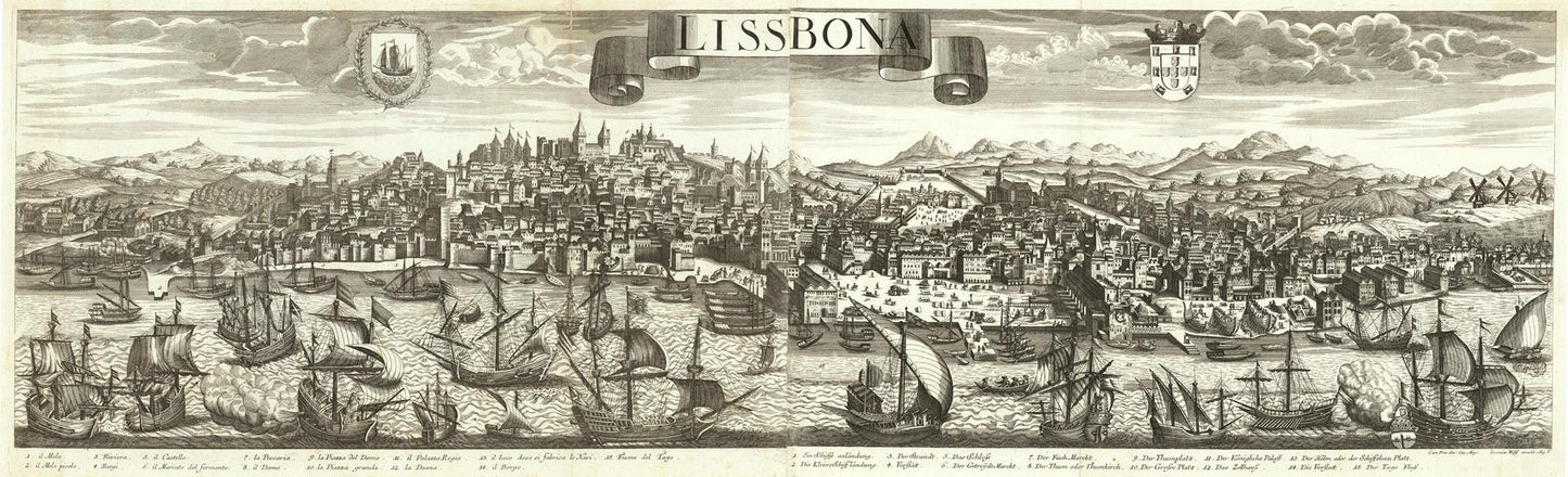 A detailed black and white historical engraving of Lisbon, showing the city skyline, harbor with numerous ships, and a wide panoramic view with decorative cartouches at the top.