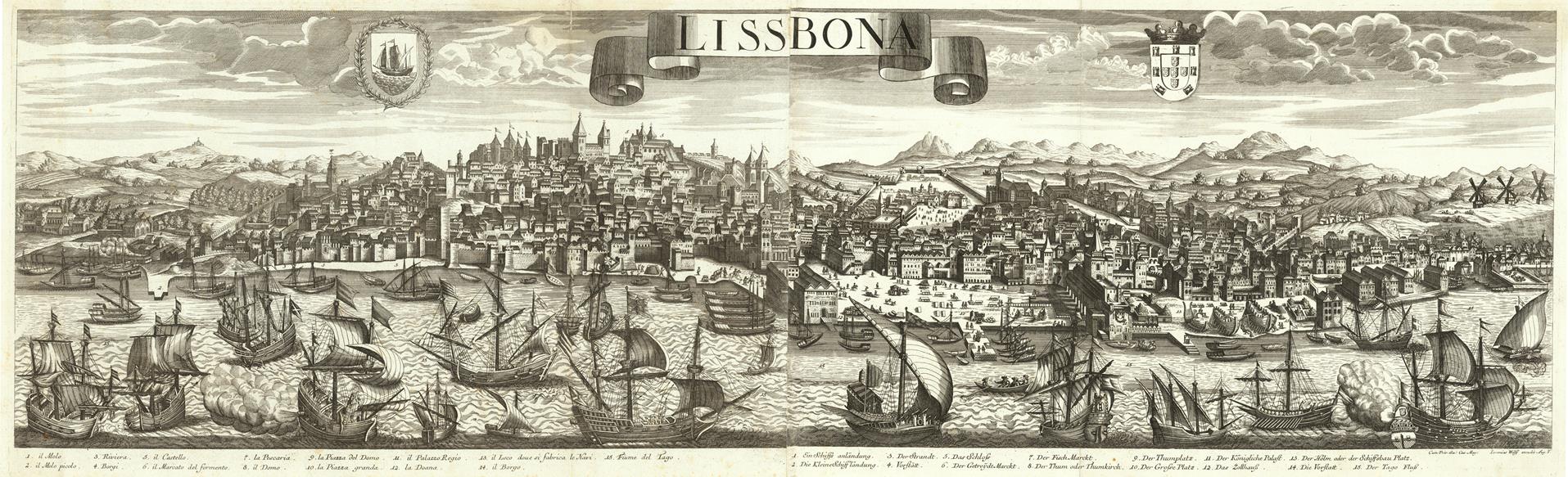 A detailed black and white historical engraving of Lisbon, showing the city skyline, harbor with numerous ships, and a wide panoramic view with decorative cartouches at the top.
