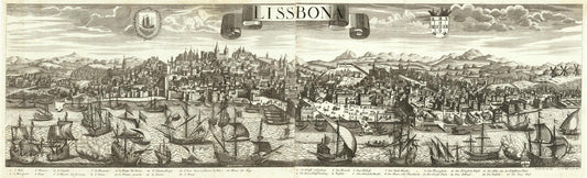 A detailed black and white historical engraving of Lisbon, showing the city skyline, harbor with numerous ships, and a wide panoramic view with decorative cartouches at the top.