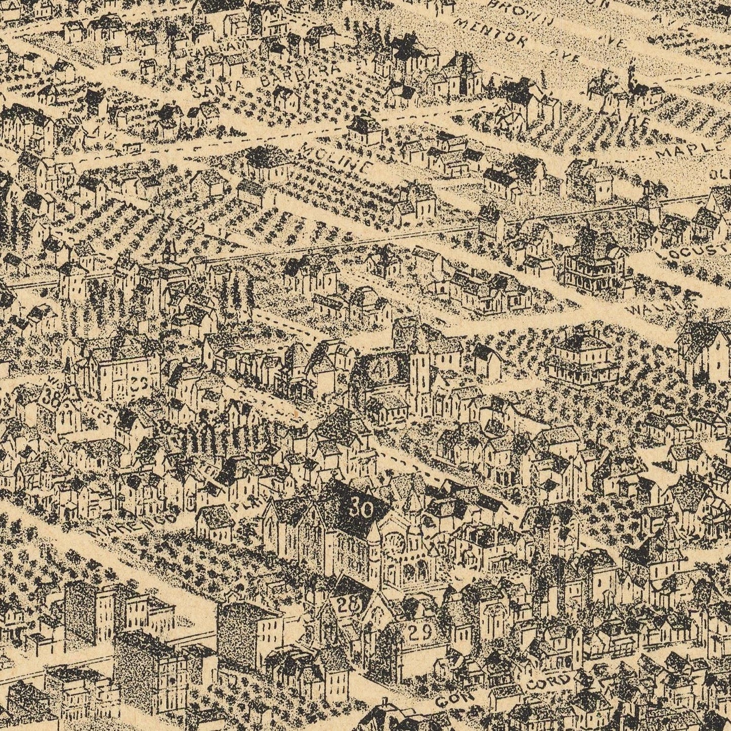 A close-up of a vintage-style black ink map or architectural illustration showing dense buildings, streets, trees, and labeled areas, rendered in a sepia-toned field.