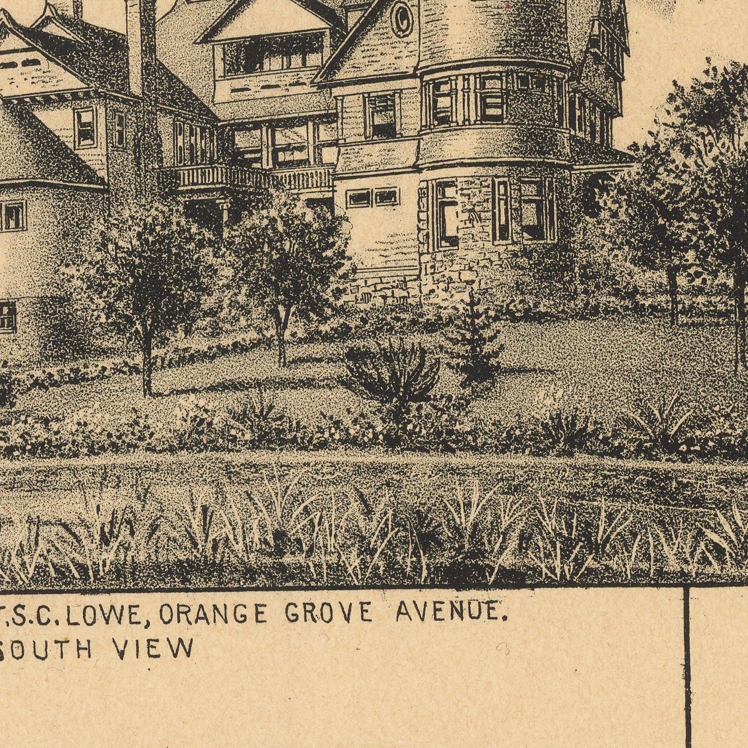 Vintage architectural print or illustration showing a detailed house exterior with landscaping, rendered in black ink on aged beige paper. Text at the bottom reads 'T.