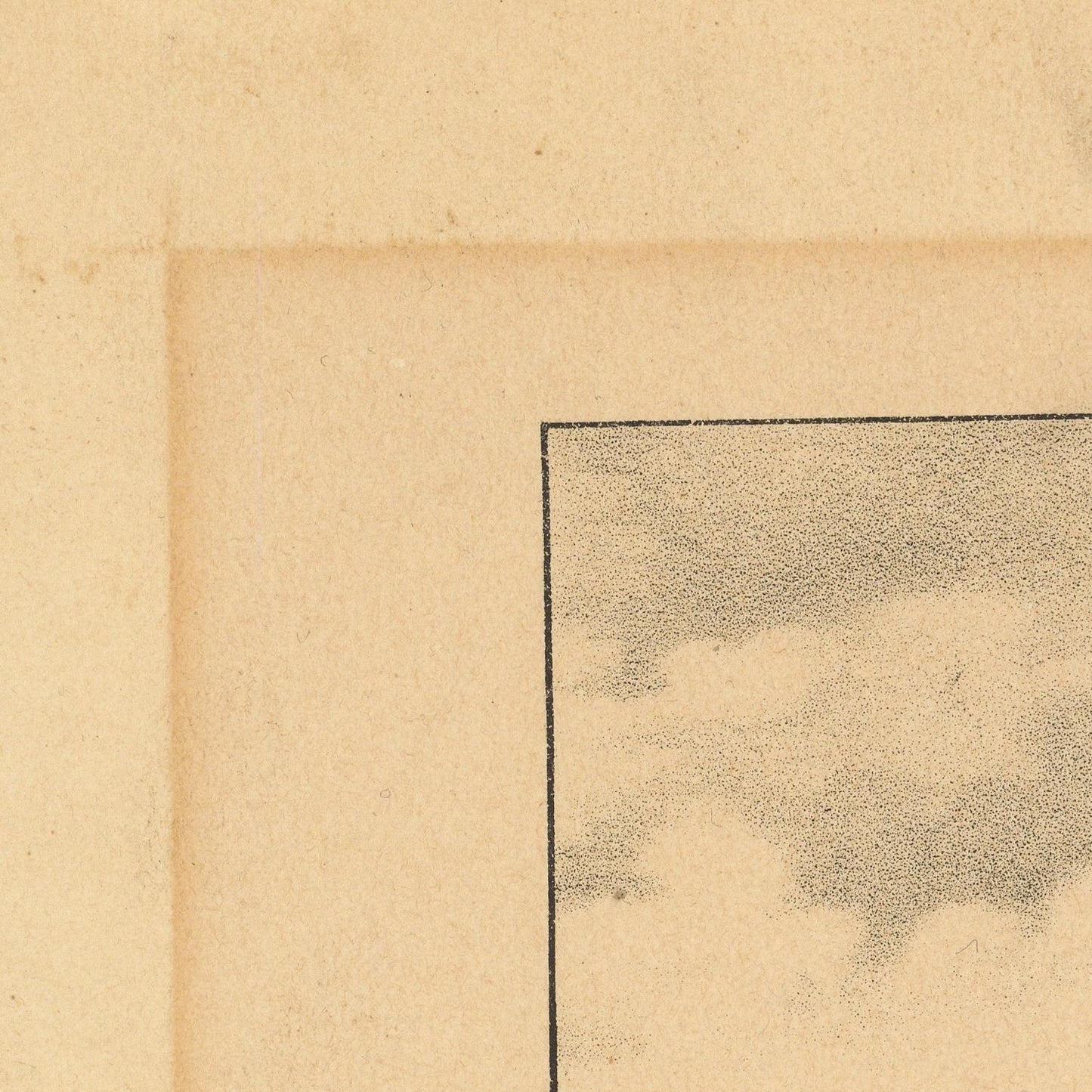 Close-up detail of a vintage art print or book page, showing the corner of a black-lined square containing a textured gray and beige cloud-like illustration on aged tan paper.