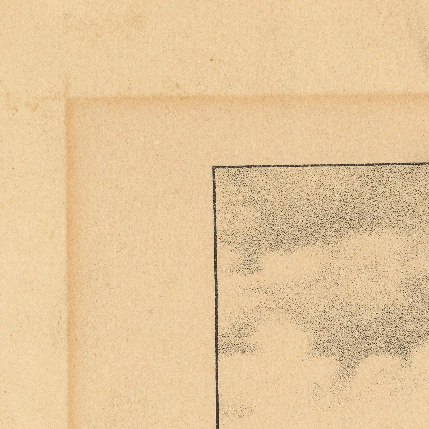 Close-up detail of a vintage art print or book page, showing the corner of a black-lined square containing a textured gray and beige cloud-like illustration on aged tan paper.
