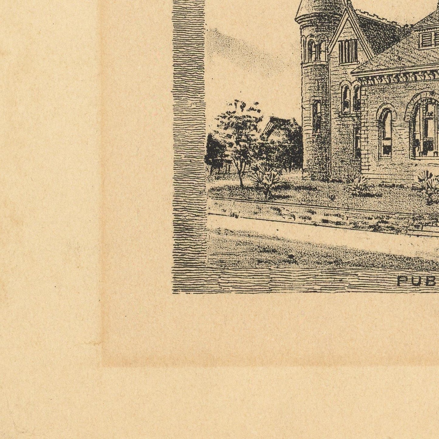 A close-up of a vintage architectural print or bookplate showing a detailed black ink illustration of a stone building with a tower, trees, and a path, printed on aged beige paper.
