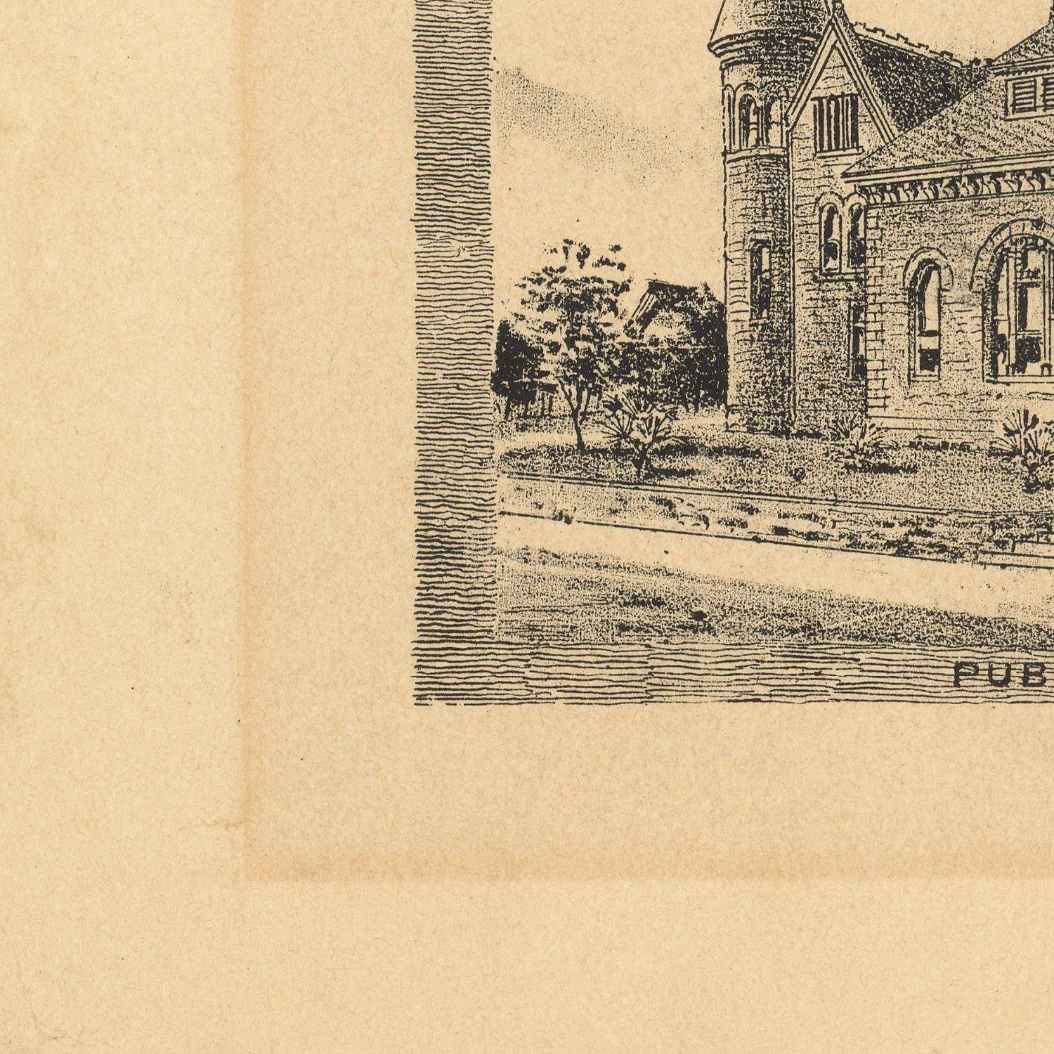 A close-up of a vintage architectural print or bookplate showing a detailed black ink illustration of a stone building with a tower, trees, and a path, printed on aged beige paper.