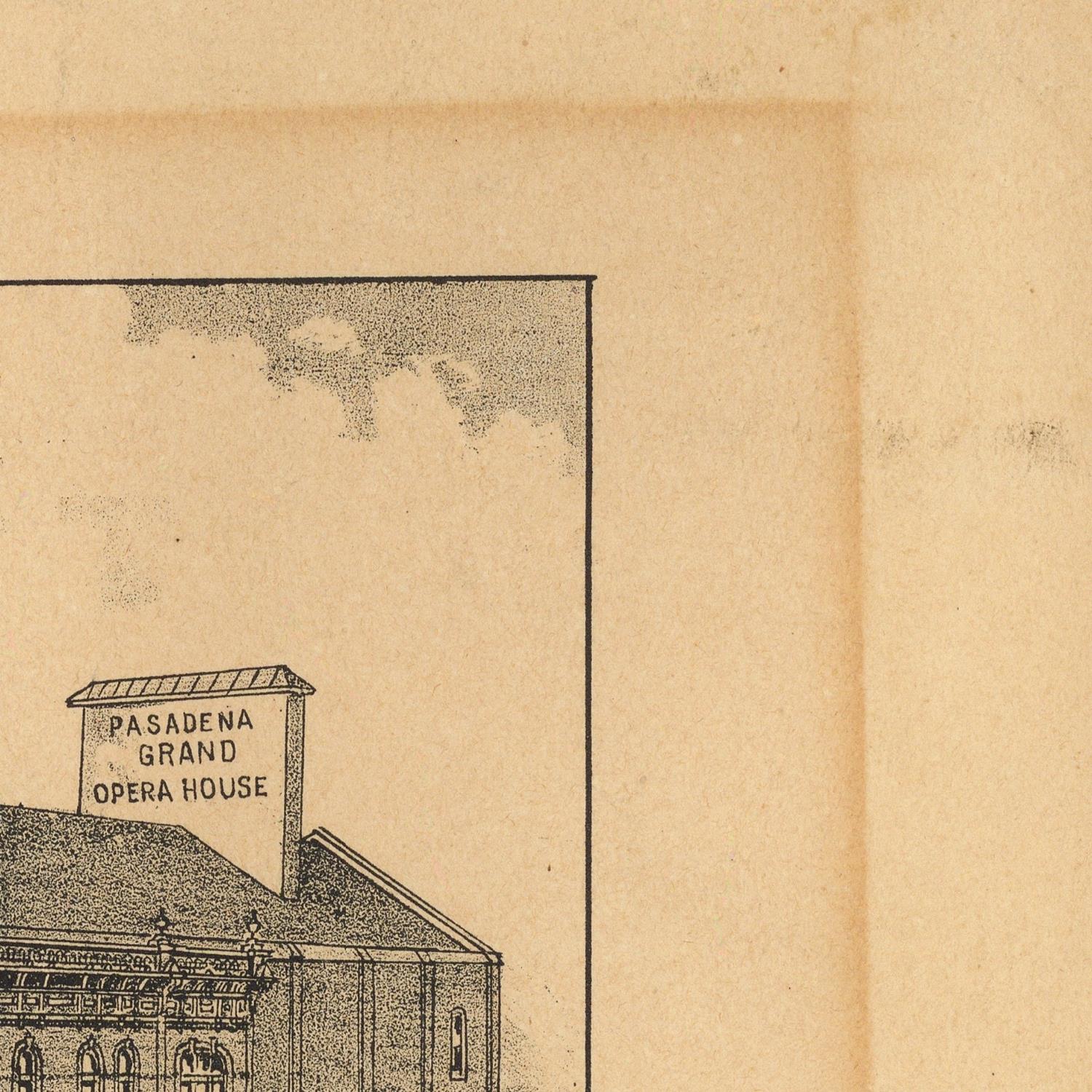 Vintage-style printed illustration showing part of a building with a sign reading 'PASADENA GRAND OPERA HOUSE' on a tan paper background.