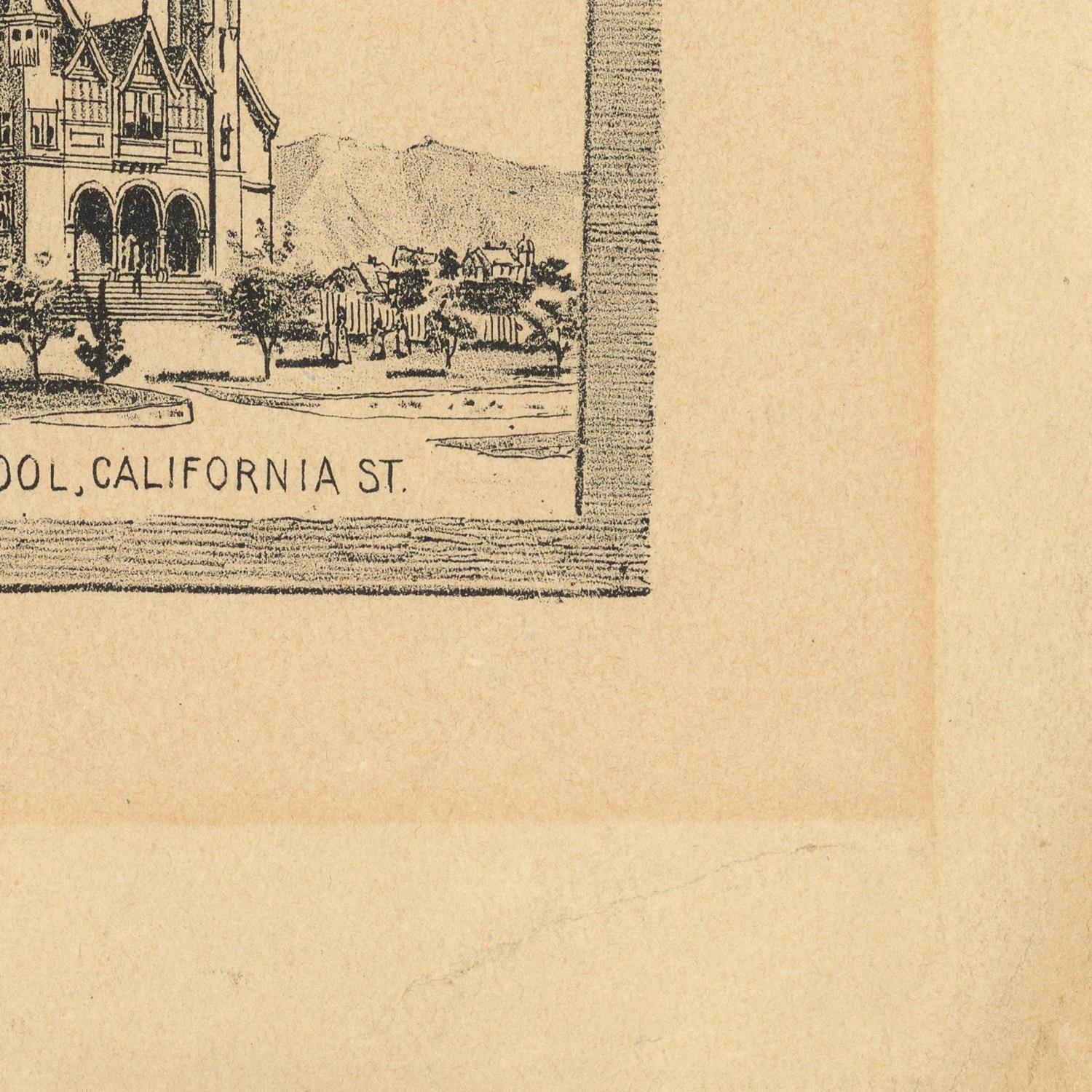 A close-up of a vintage-style architectural print or poster showing part of a building and street scene with the text 'DOL, CALIFORNIA ST.' on a beige paper background.