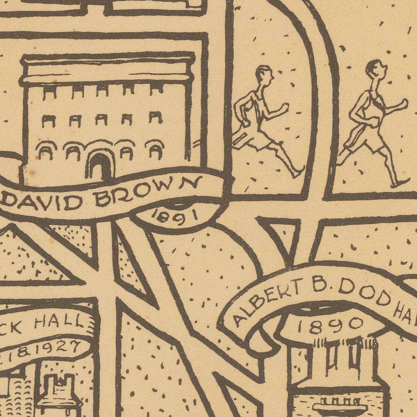 A close-up of a vintage-style illustrated map or poster print on warm beige paper, showing black linework with banners reading names and years, including 'DAVID BROWN 1891' and 'ALBERT B. DOD HAN.