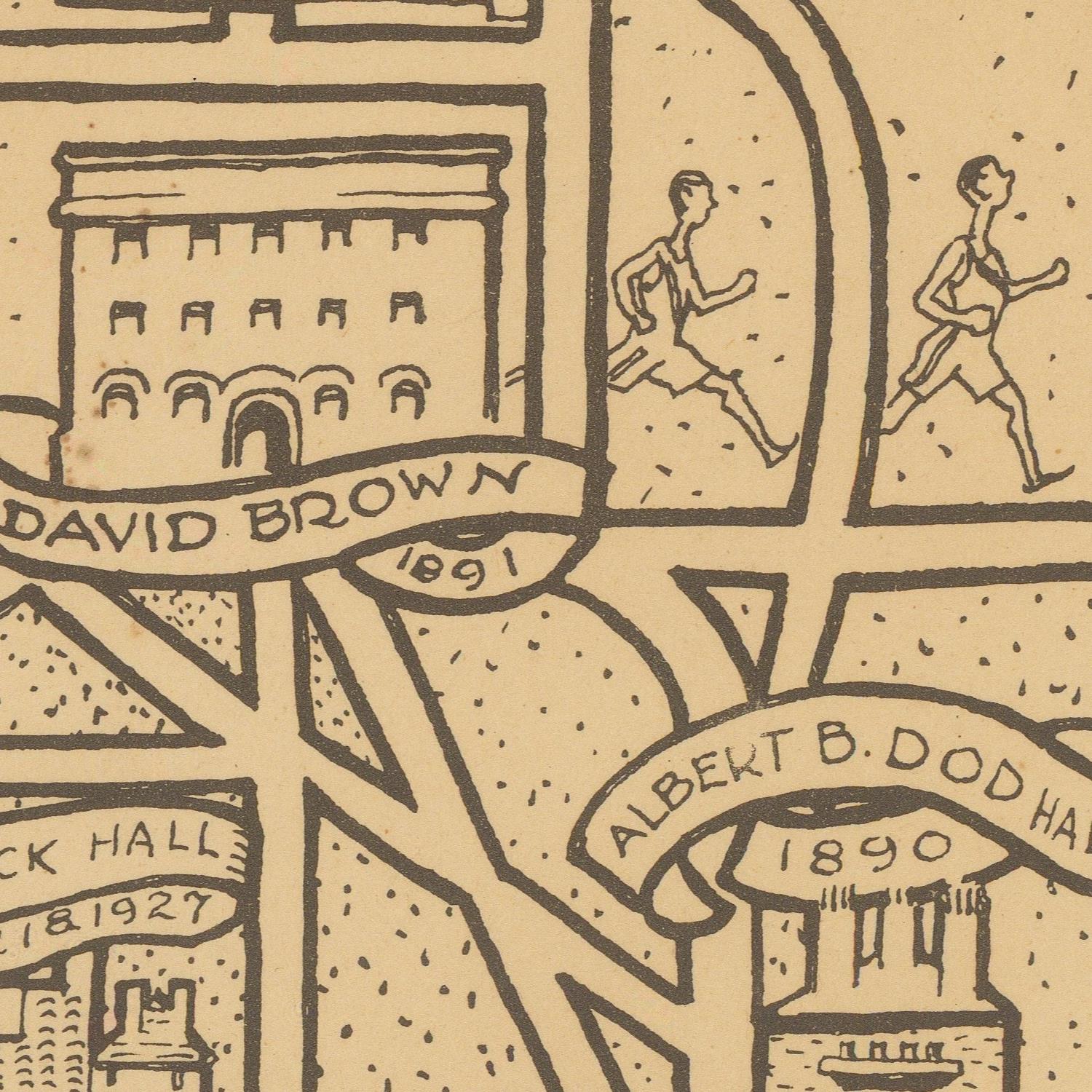 A close-up of a vintage-style illustrated map or poster print on warm beige paper, showing black linework with banners reading names and years, including 'DAVID BROWN 1891' and 'ALBERT B. DOD HAN.