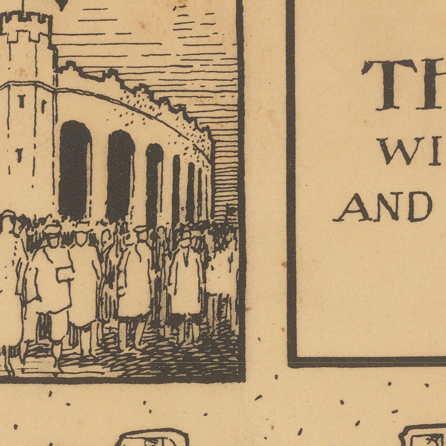 A close-up of a vintage printed page with a black ink illustration of a crowd standing outside a long building, alongside partial text on aged beige paper.