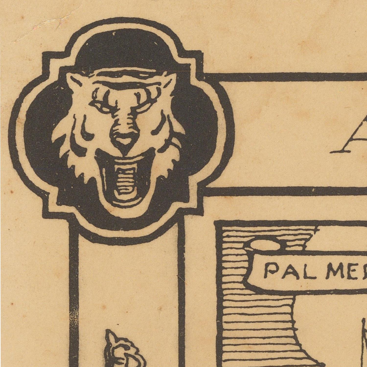 A close-up of a vintage printed illustration on aged beige paper, showing a black-and-cream lion head emblem and part of a decorative architectural or scroll design with the partial text 'PAL MES'.