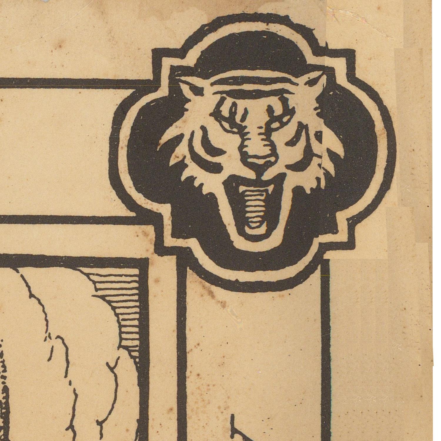 A close-up of a vintage-style printed design featuring a roaring tiger head emblem in black on aged tan paper.