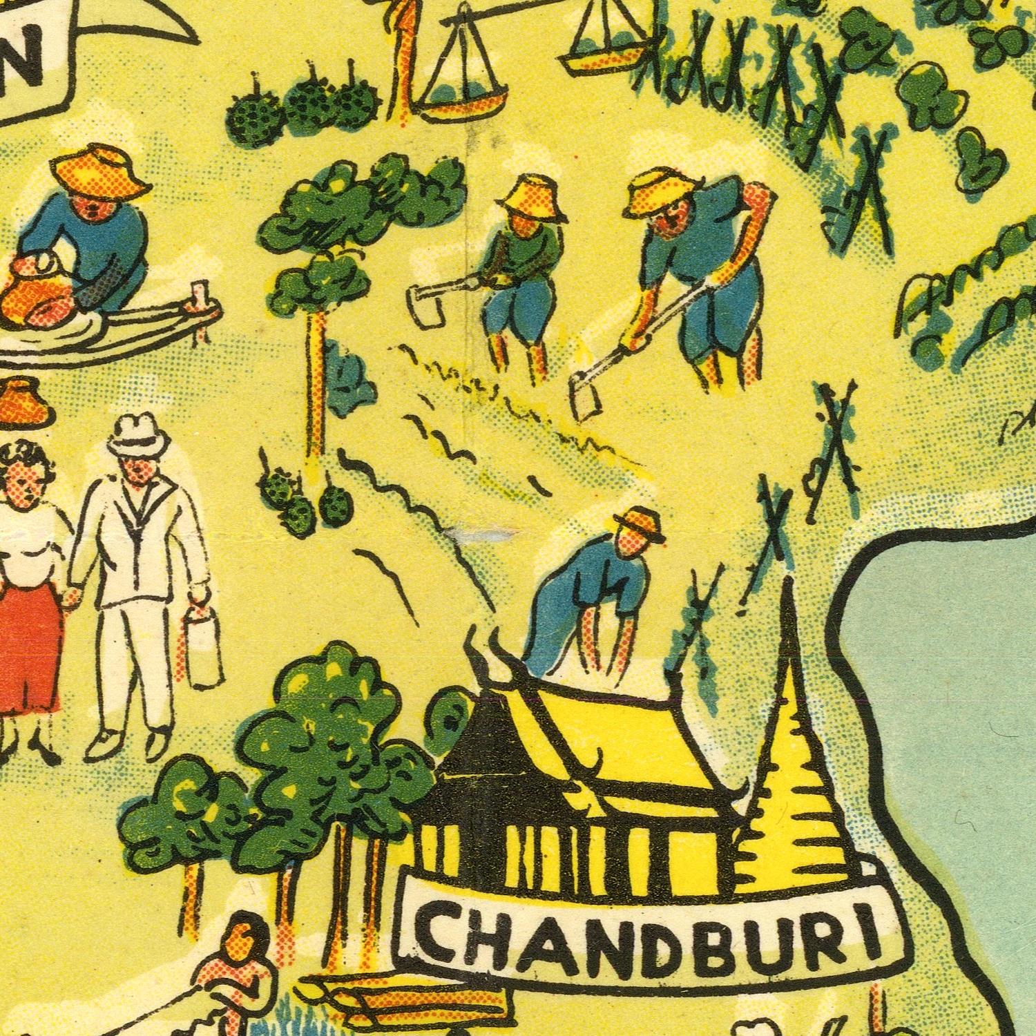 Vintage-style illustrated map or poster section showing people working outdoors near a building labeled CHANDBURI, with a pale yellow background and green, blue, and black details.