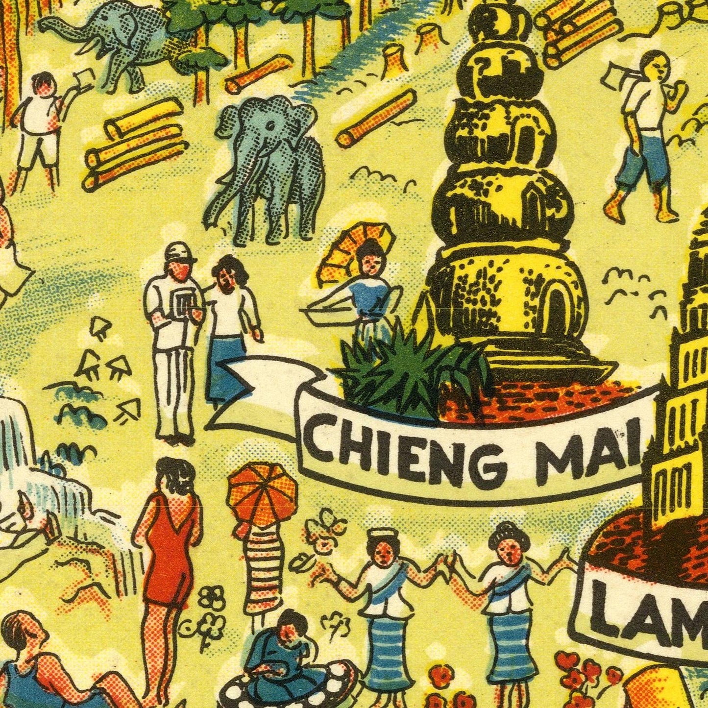 A vintage-style illustrated map or poster showing a travel route labeled "CHIENG MALAM" and "LAM" on a pale yellow background, with cartoon figures, elephants, trees, and buildings.