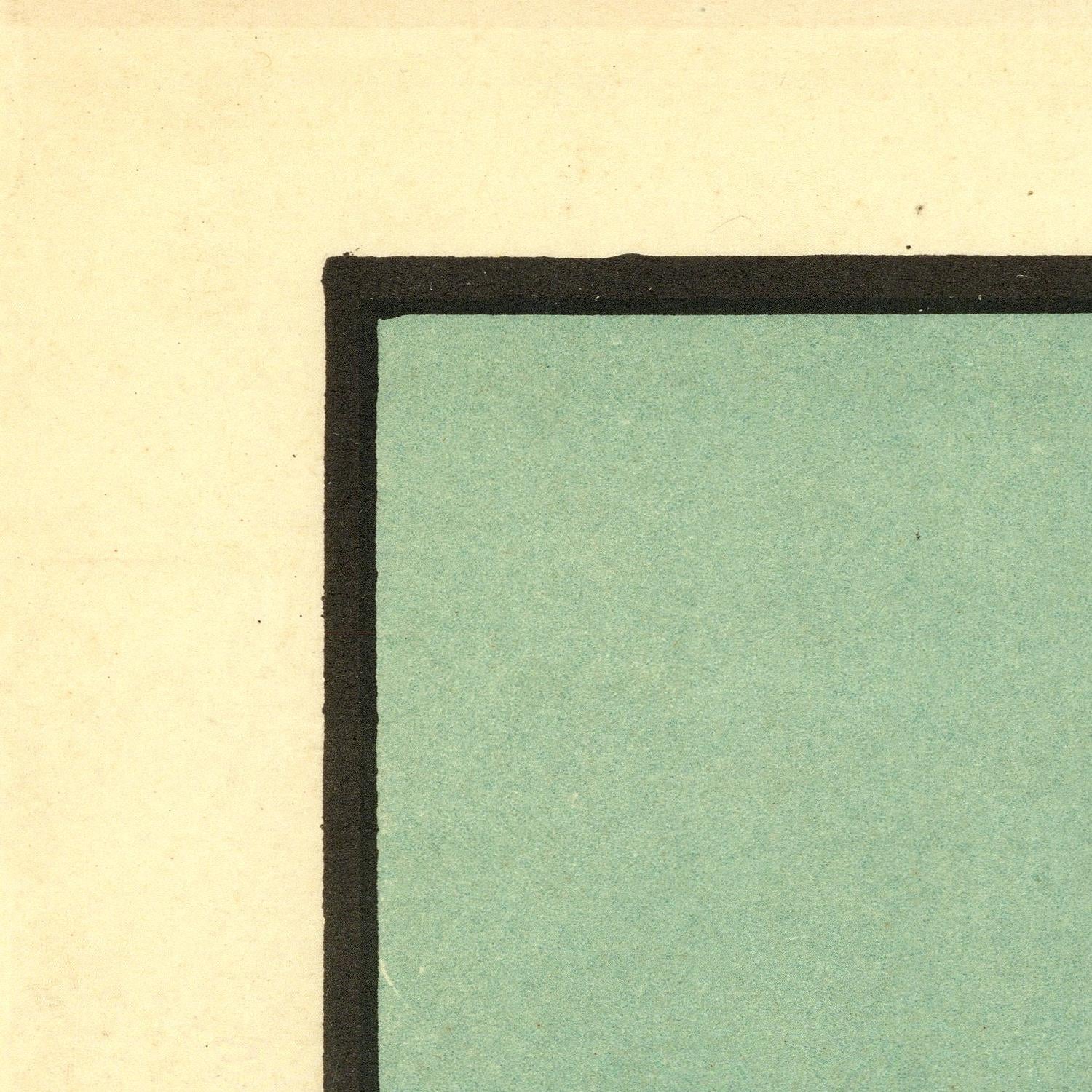A close-up detail of a square art print or poster showing a mint green color block bordered by a thick black line on a warm cream paper background.