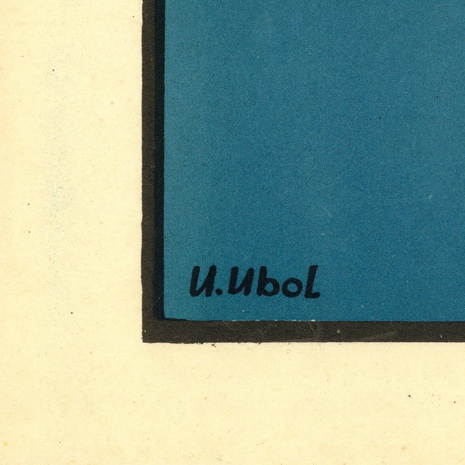 Close-up corner of a square art print or poster showing a blue field bordered by a black line on a warm cream background, with the handwritten signature 'U. UboL' visible in the blue area.