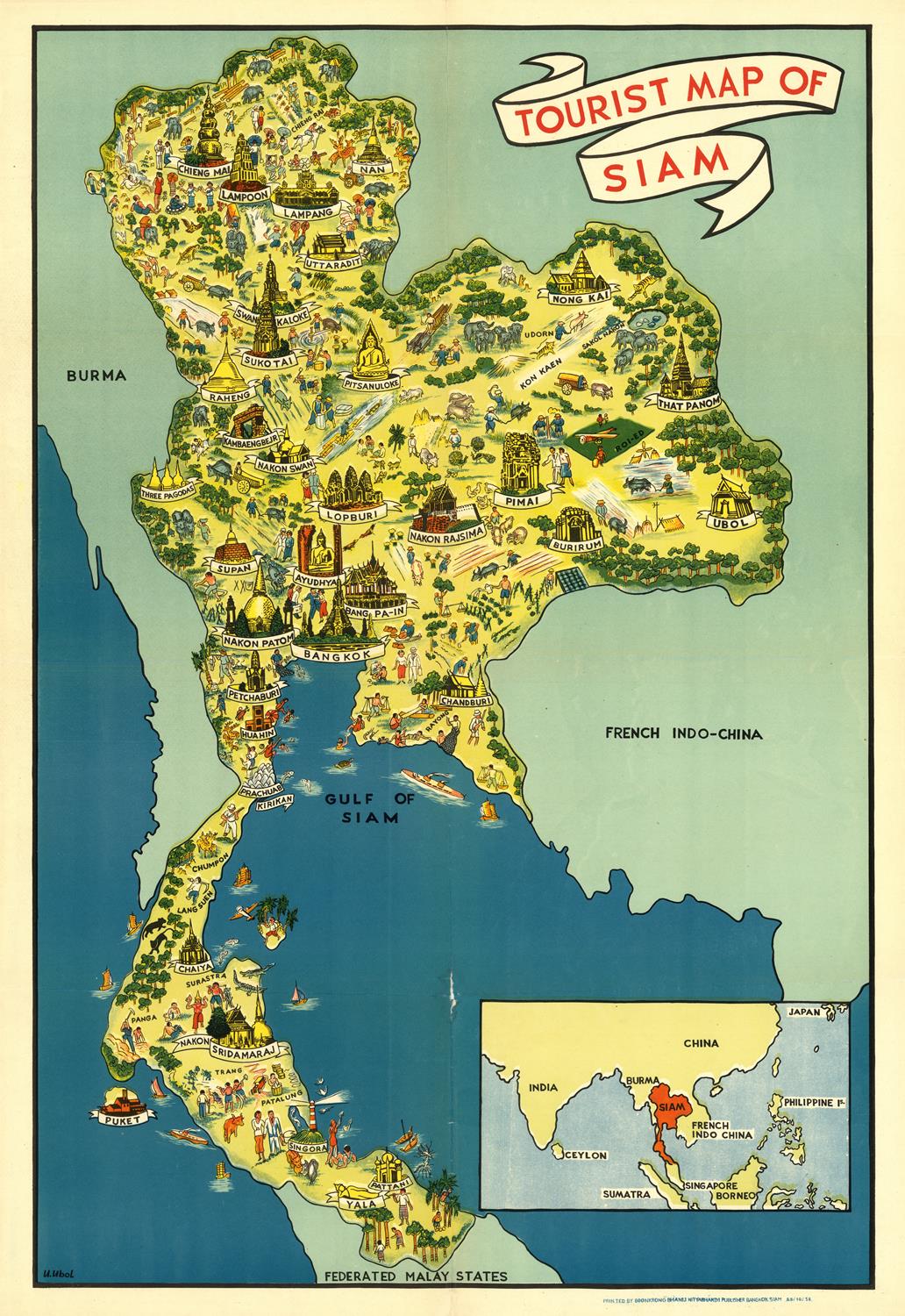 Vintage illustrated poster titled 'TOURIST MAP OF SIAM' showing a stylized map of Thailand with cartoon landmarks, boats, and surrounding seas, plus a small inset map in the lower right.