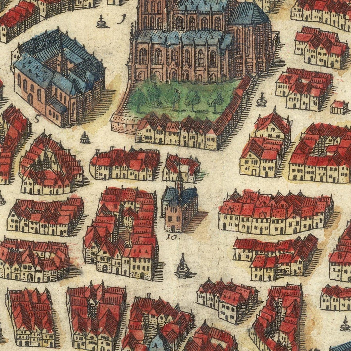 A close-up of a vintage-style city map or architectural illustration showing rows of red-roofed buildings, streets, and a large cathedral on aged beige paper.