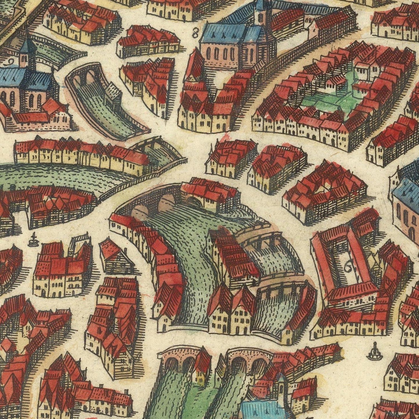 Vintage-style city map print showing a medieval town with red-roofed buildings, bridges, and winding green waterways on an aged beige background.