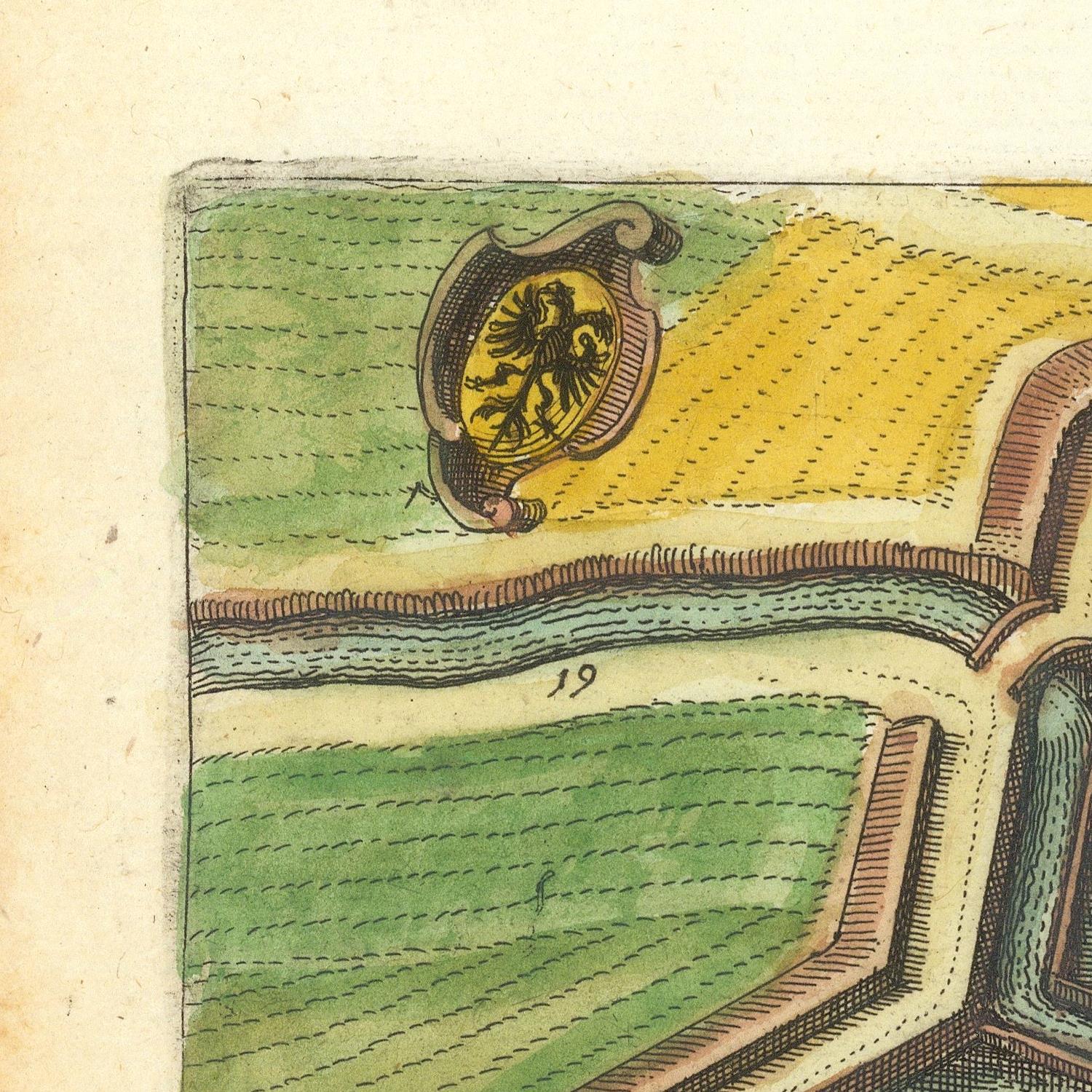 A close-up of an antique map or print showing green fields, a yellow area, a winding river, and a small crest with a black eagle on a yellow shield near the top center.