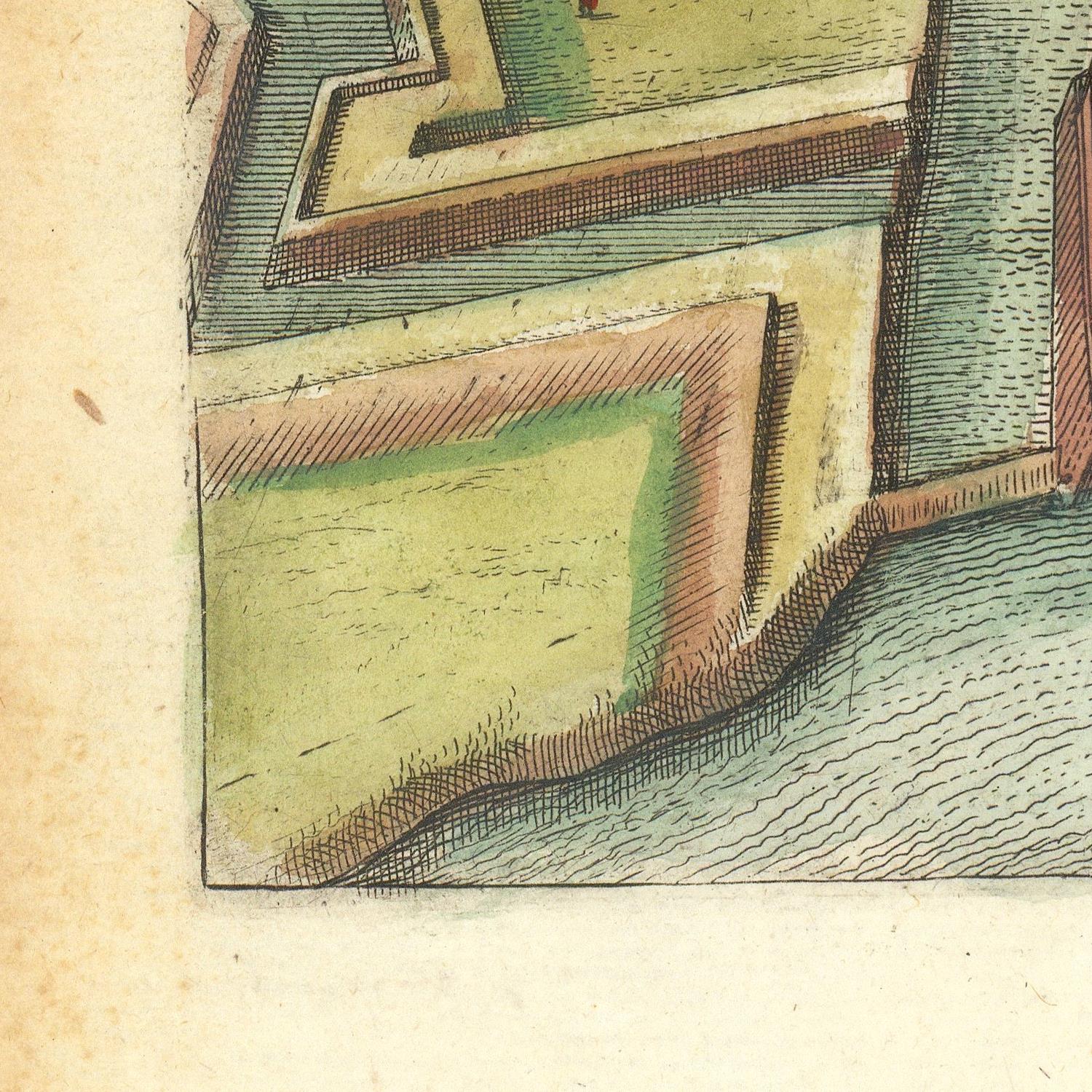 A close-up of a vintage architectural print or illustration showing geometric fortifications with hand-colored green, beige, and brown details on aged paper.