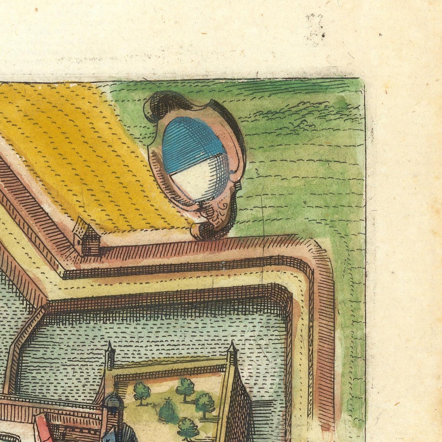 A close-up of a vintage hand-colored illustration showing architectural details, including a yellow roof, green background, and a small oval medallion with blue and white coloring.