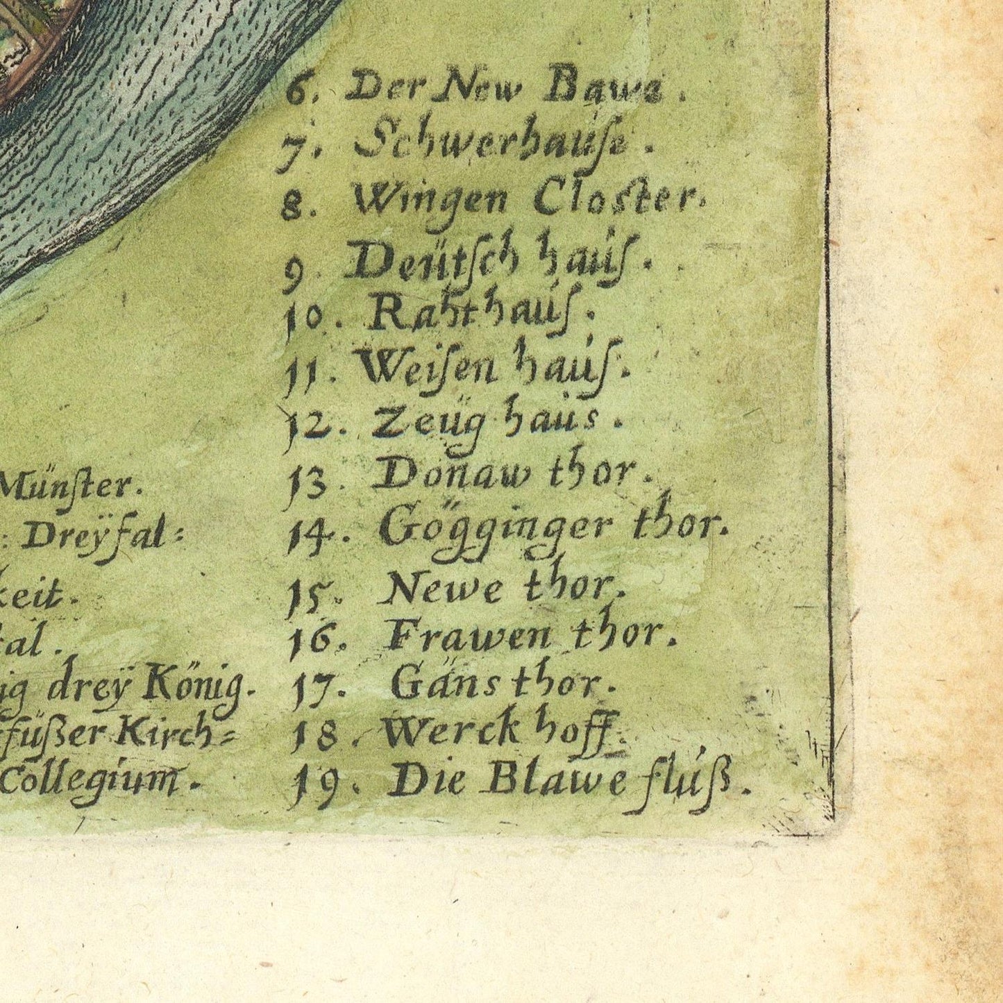 A close-up of an antique printed page with handwritten German text listed numerically, alongside a partial illustration in the upper left corner on aged beige paper.