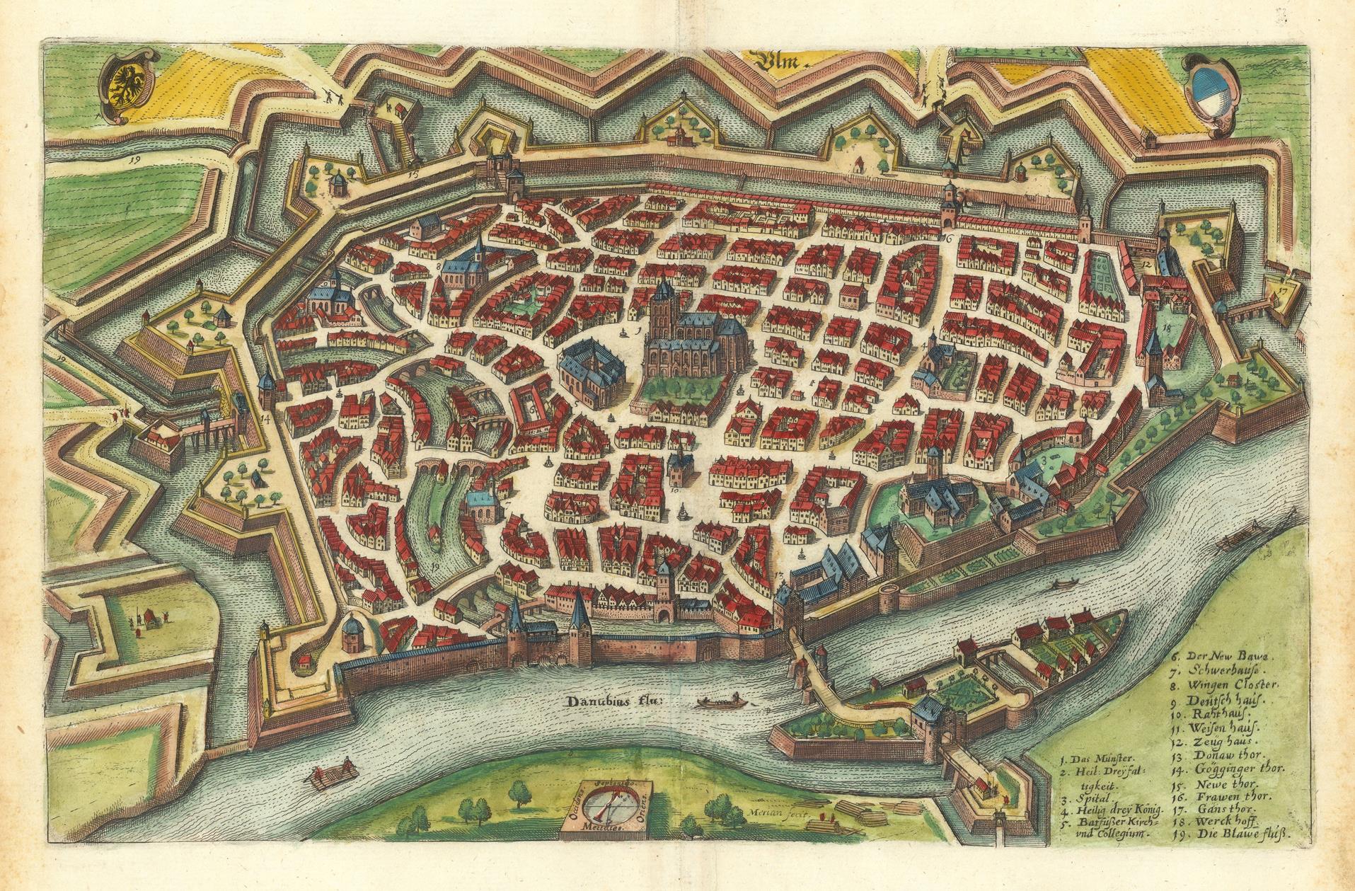 An antique-style illustrated city map print showing a detailed aerial view of a historic fort and riverfront with red-roofed buildings, green fields, and a beige aged paper background.