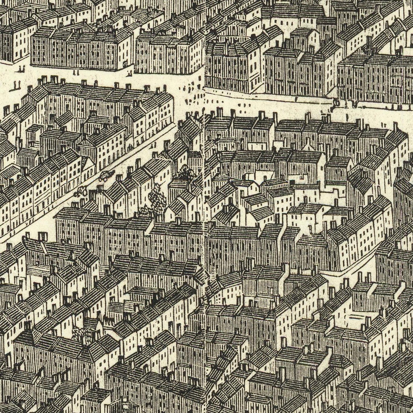 A vintage-style black ink architectural illustration showing a dense urban street grid with tightly packed multi-story buildings and rooftops, rendered in a detailed top-down perspective.
