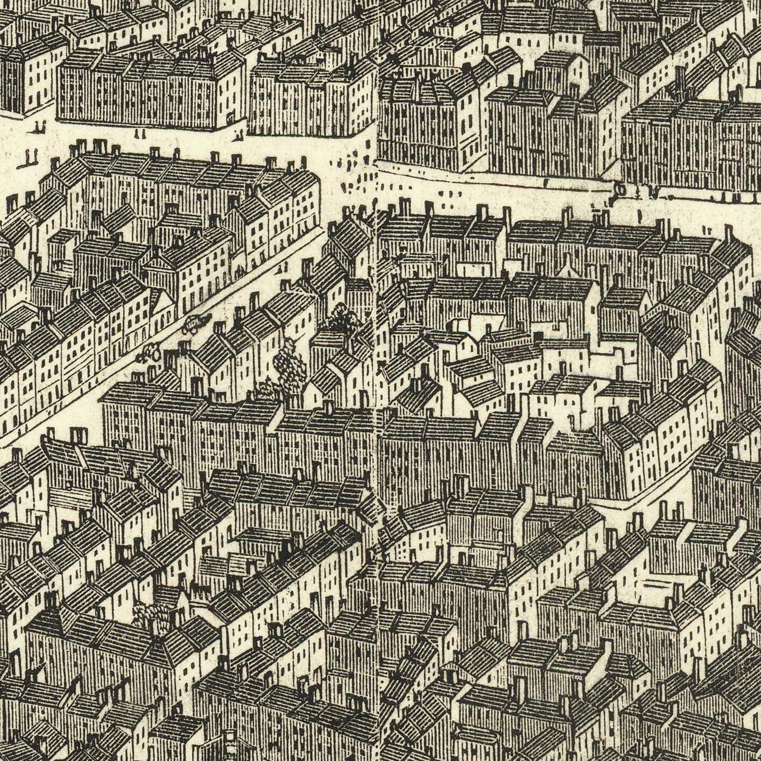 A vintage-style black ink architectural illustration showing a dense urban street grid with tightly packed multi-story buildings and rooftops, rendered in a detailed top-down perspective.