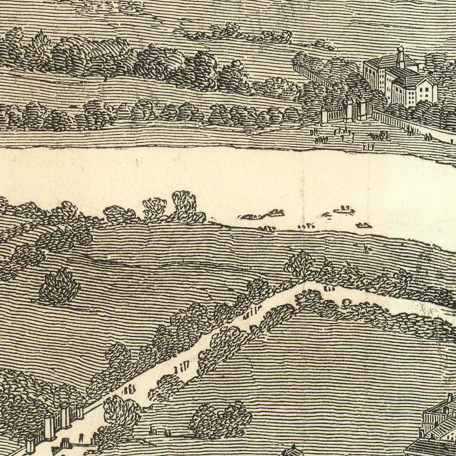 Vintage black ink landscape engraving on aged beige paper, depicting rolling hills, trees, a winding path, small figures, and buildings along the right side.