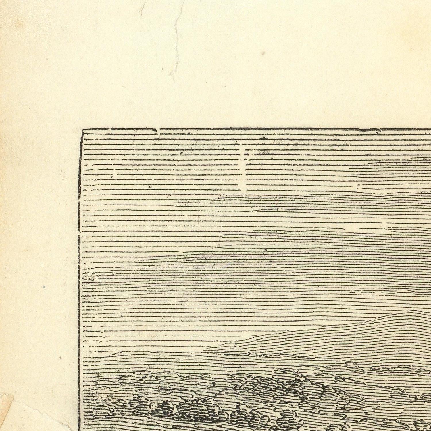 Close-up of a vintage engraved landscape print showing fine horizontal linework in black ink on aged cream paper.