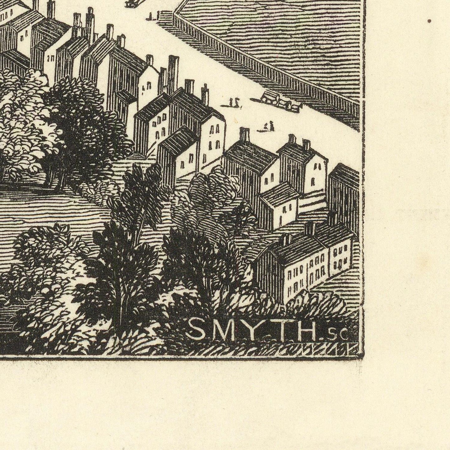 A close-up of a black-and-white engraved print showing a row of houses beside a river, with the word "SMYTH" visible at the bottom and a large cream paper margin around the artwork.