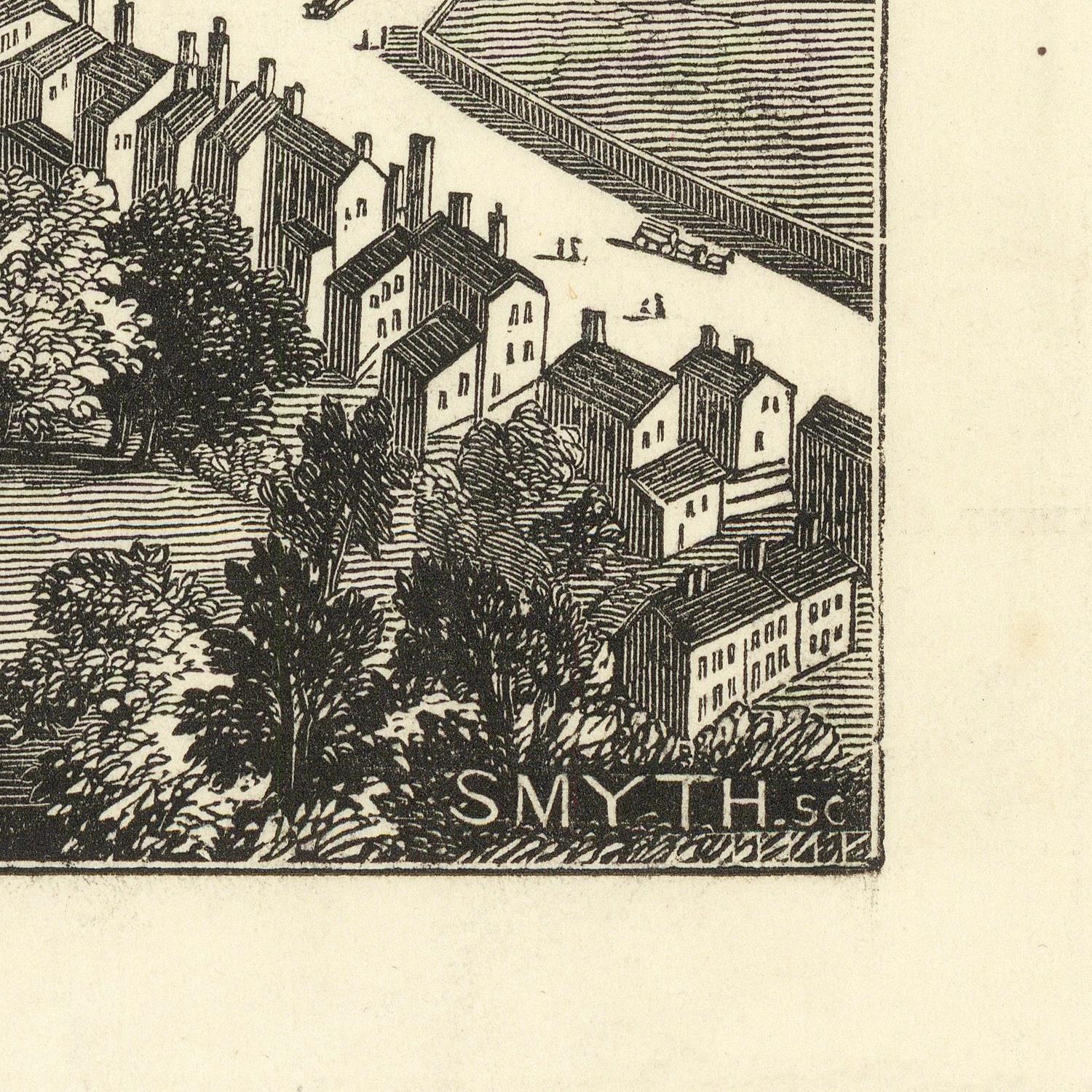 A close-up of a black-and-white engraved print showing a row of houses beside a river, with the word "SMYTH" visible at the bottom and a large cream paper margin around the artwork.