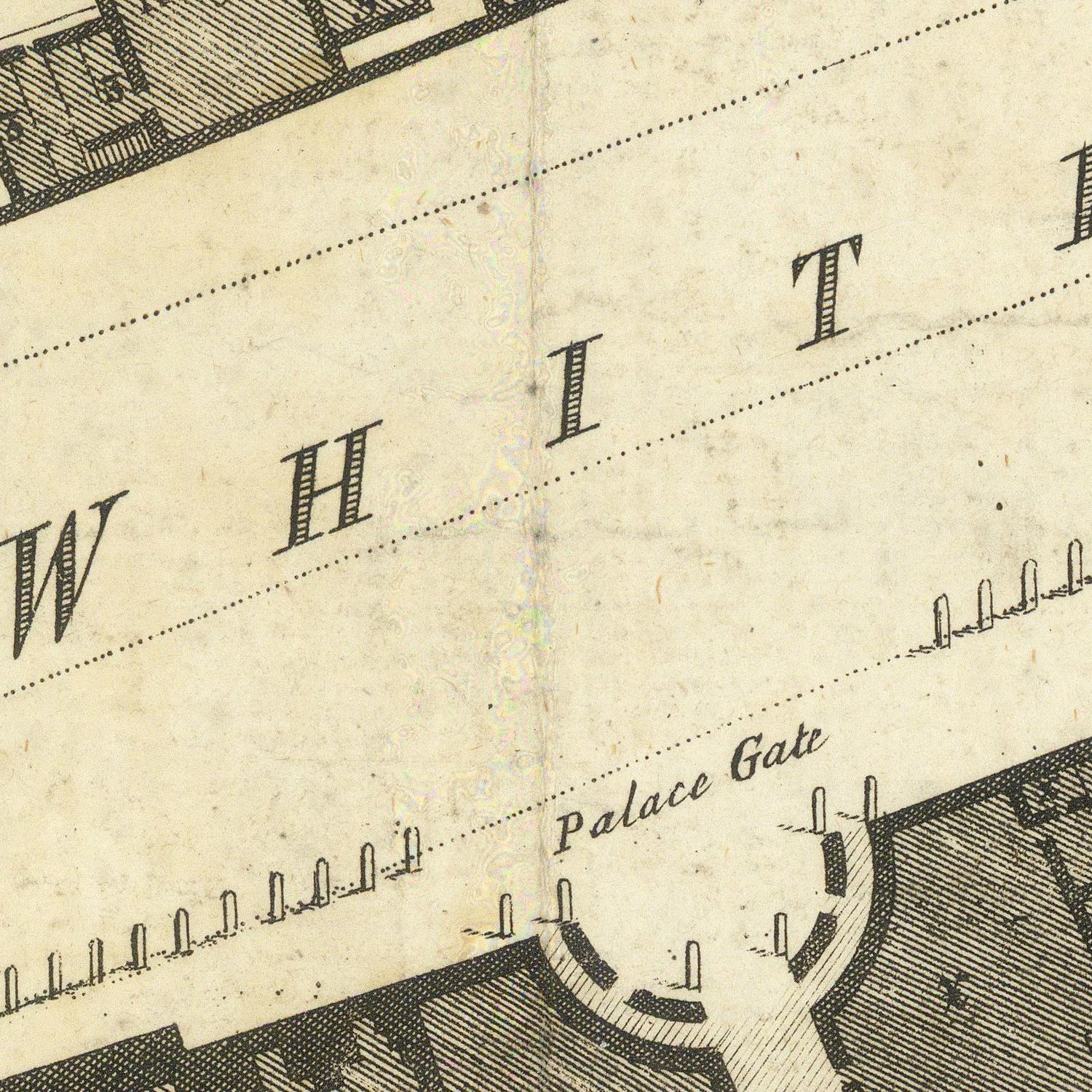 Close-up of an antique-style map or print showing the words “WHITE” and “Palace Gate” on aged beige paper with black linework and text.