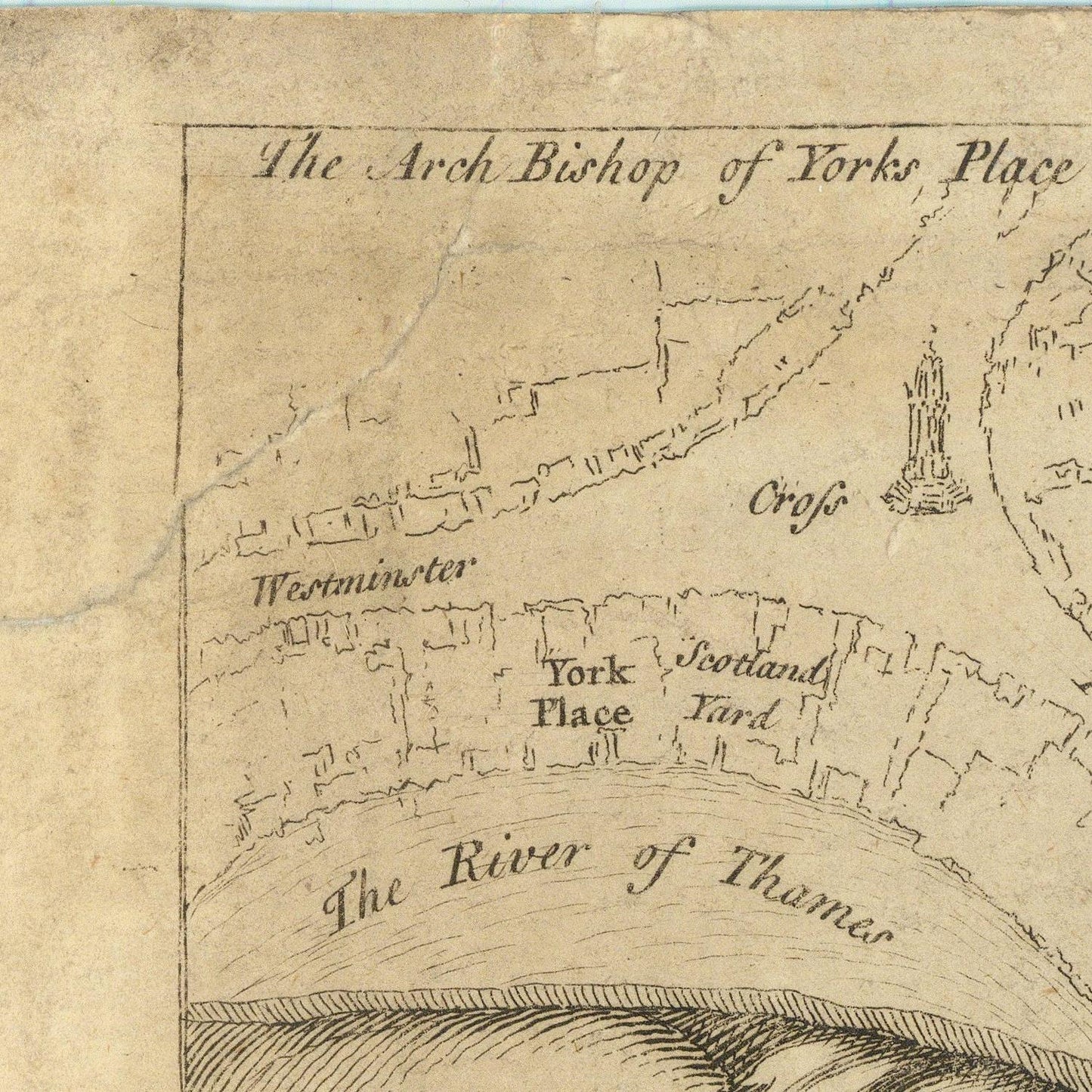 Close-up of an antique-style map print showing labeled place names including Westminster, York Place, Scotland Yard, and The River of Thames on aged tan paper.