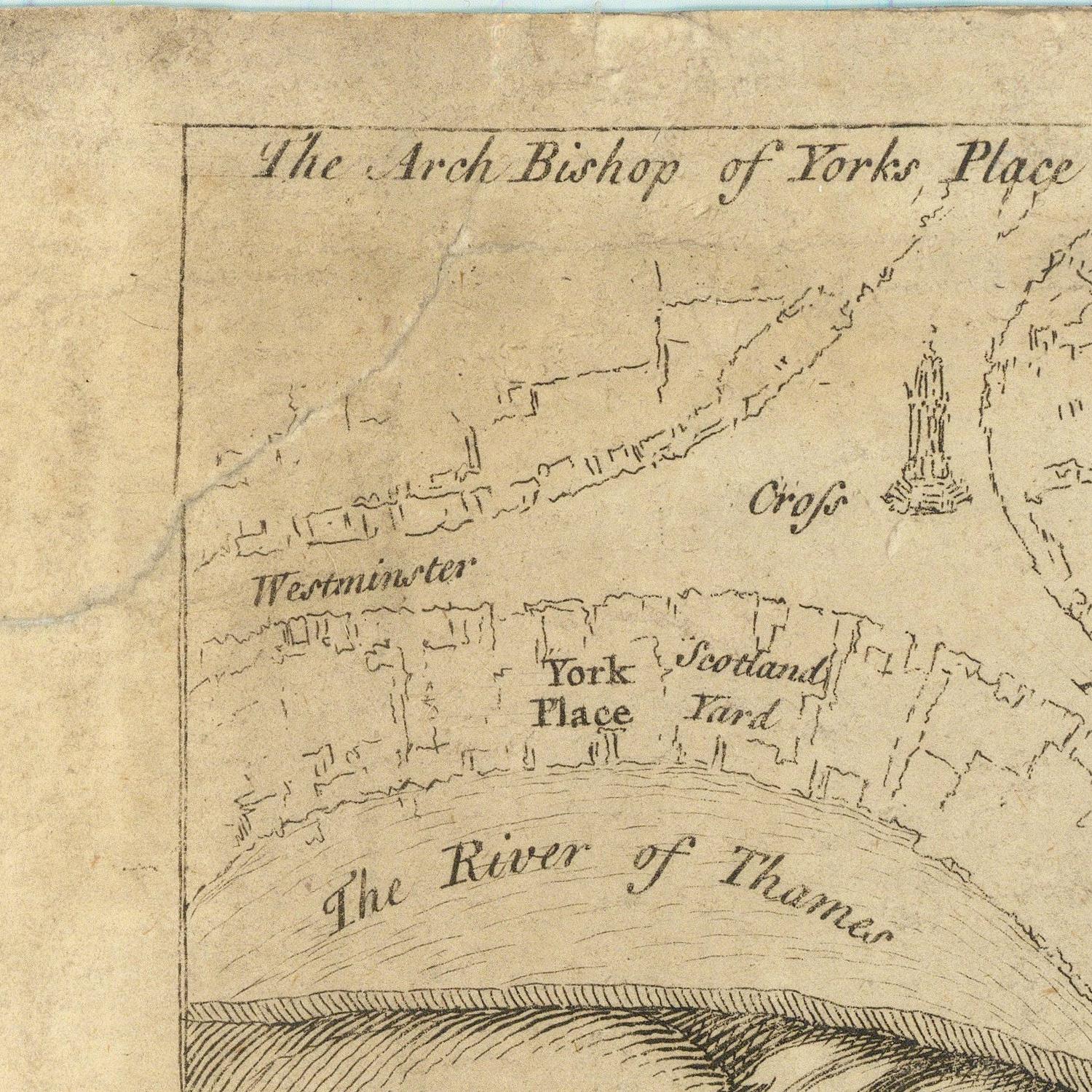 Close-up of an antique-style map print showing labeled place names including Westminster, York Place, Scotland Yard, and The River of Thames on aged tan paper.