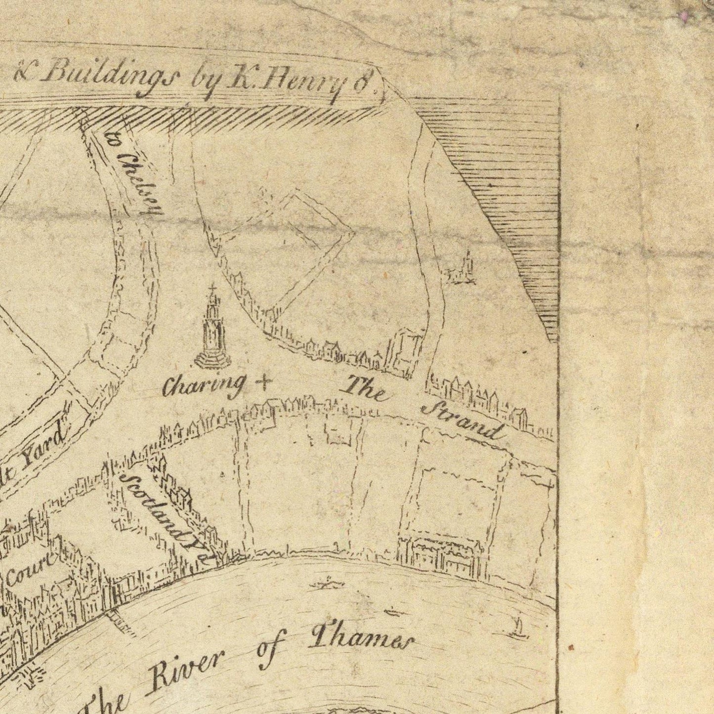 A close-up of an antique map print showing labeled streets and landmarks, including 'The River of Thames' and handwritten place names on aged beige paper.