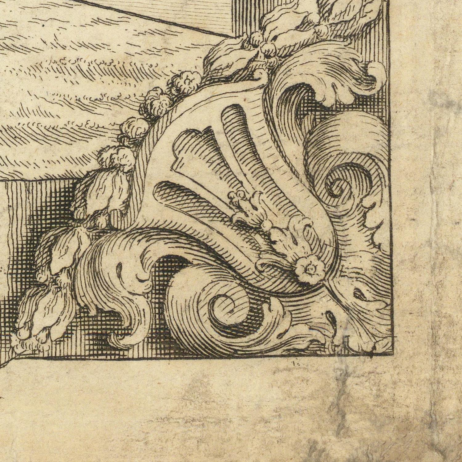 Close-up of an ornate black ink architectural scrollwork illustration on aged beige paper.
