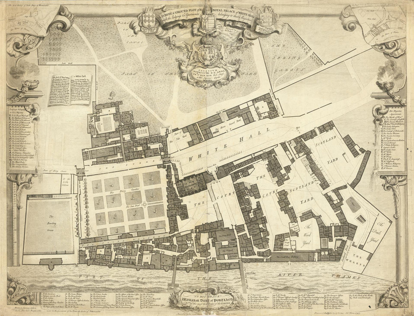 An antique architectural map print of a historic city or estate, featuring detailed building layouts, labels, decorative cartouches, and ornamental borders in sepia and black ink on aged paper.