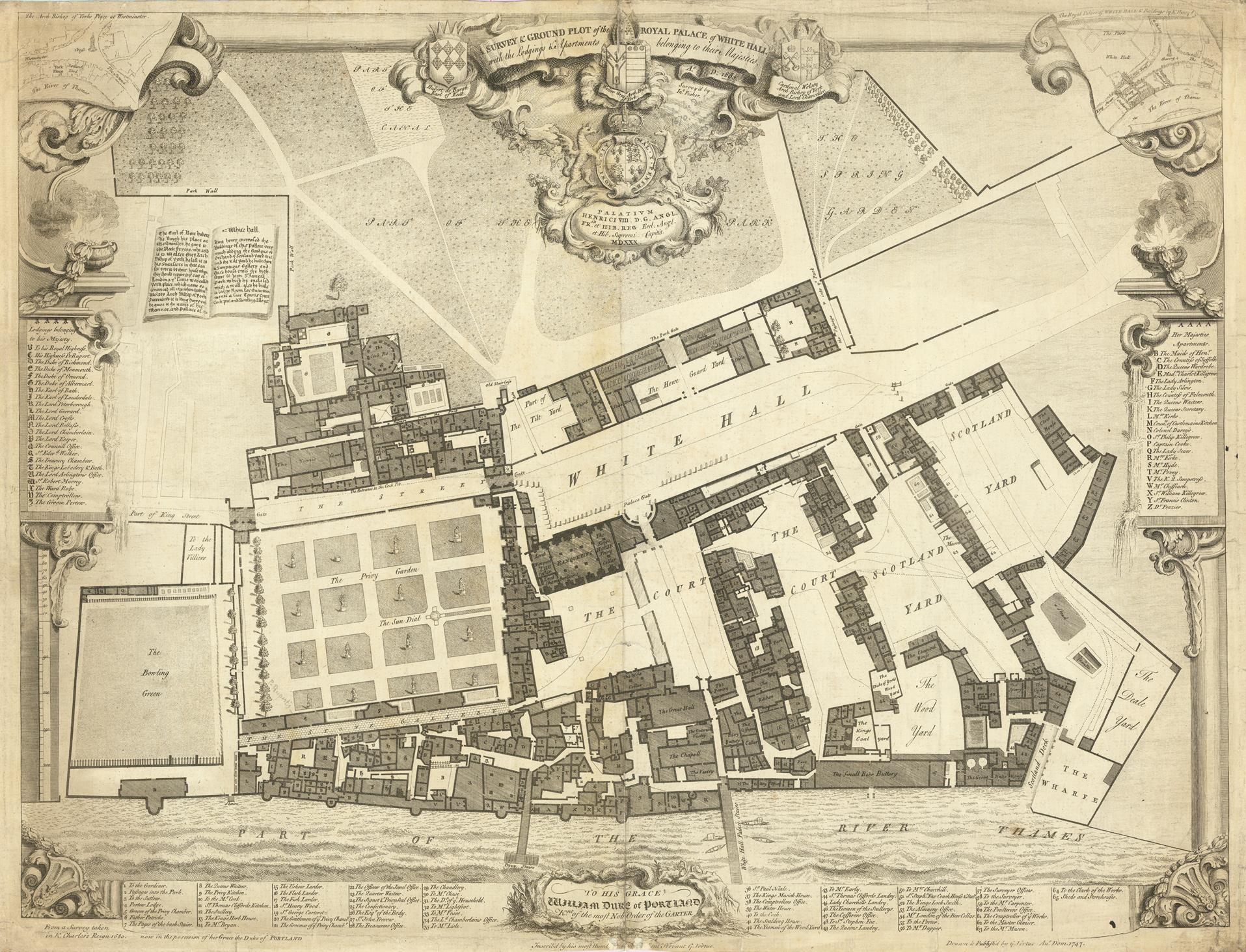 An antique architectural map print of a historic city or estate, featuring detailed building layouts, labels, decorative cartouches, and ornamental borders in sepia and black ink on aged paper.